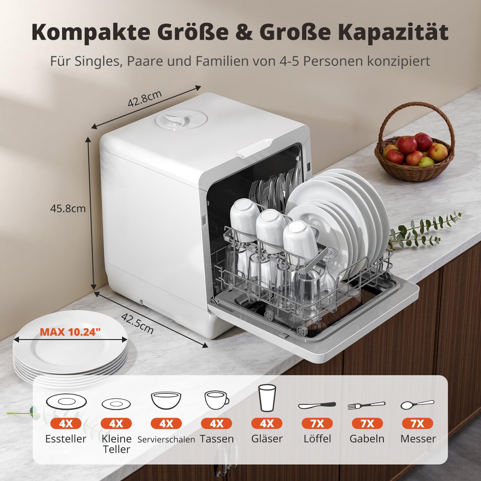 AIRMSEN Mini Geschirrspüler, Tischgeschirrspüler, Mini Spülmaschine mit 8+3 Programmen, 5L Tank,... Ansicht 5