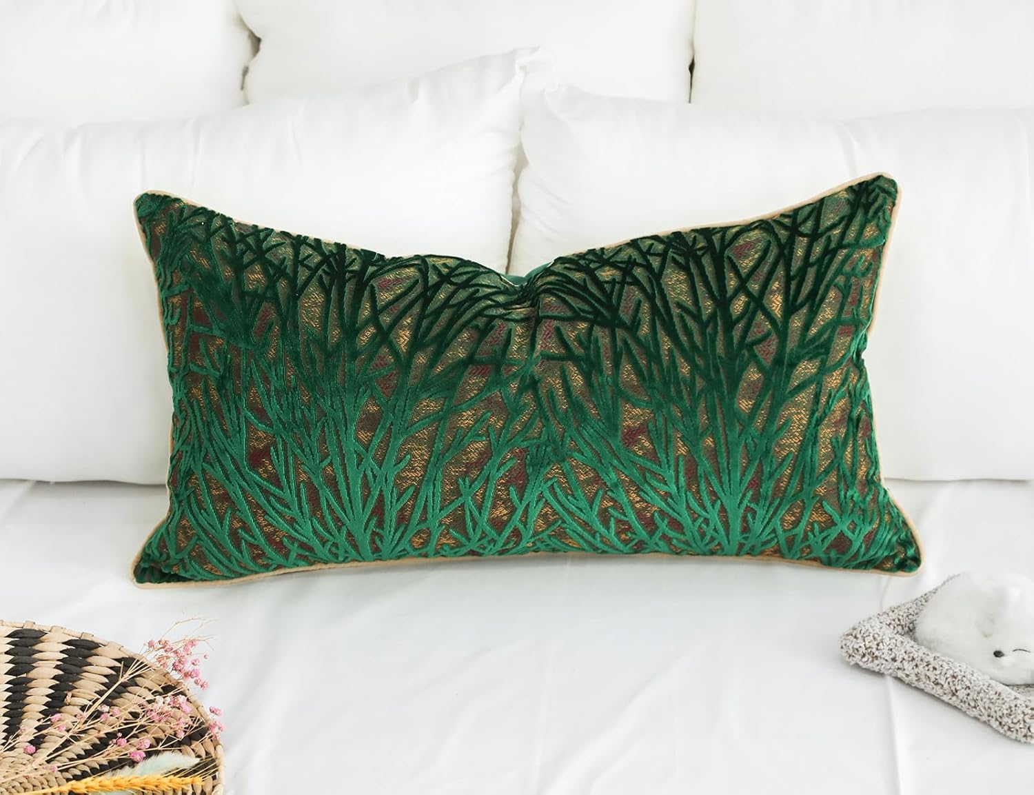 PANOD Decorative Modern Long Lumbar Pillow Cover 16 x 26, Boho Long Pillow for Bed,Soft Velvet Twigs Textured Coastal Neutral Long Rectangle Pillow Cover for Sofa Couch Farmhouse Livingroom, Green