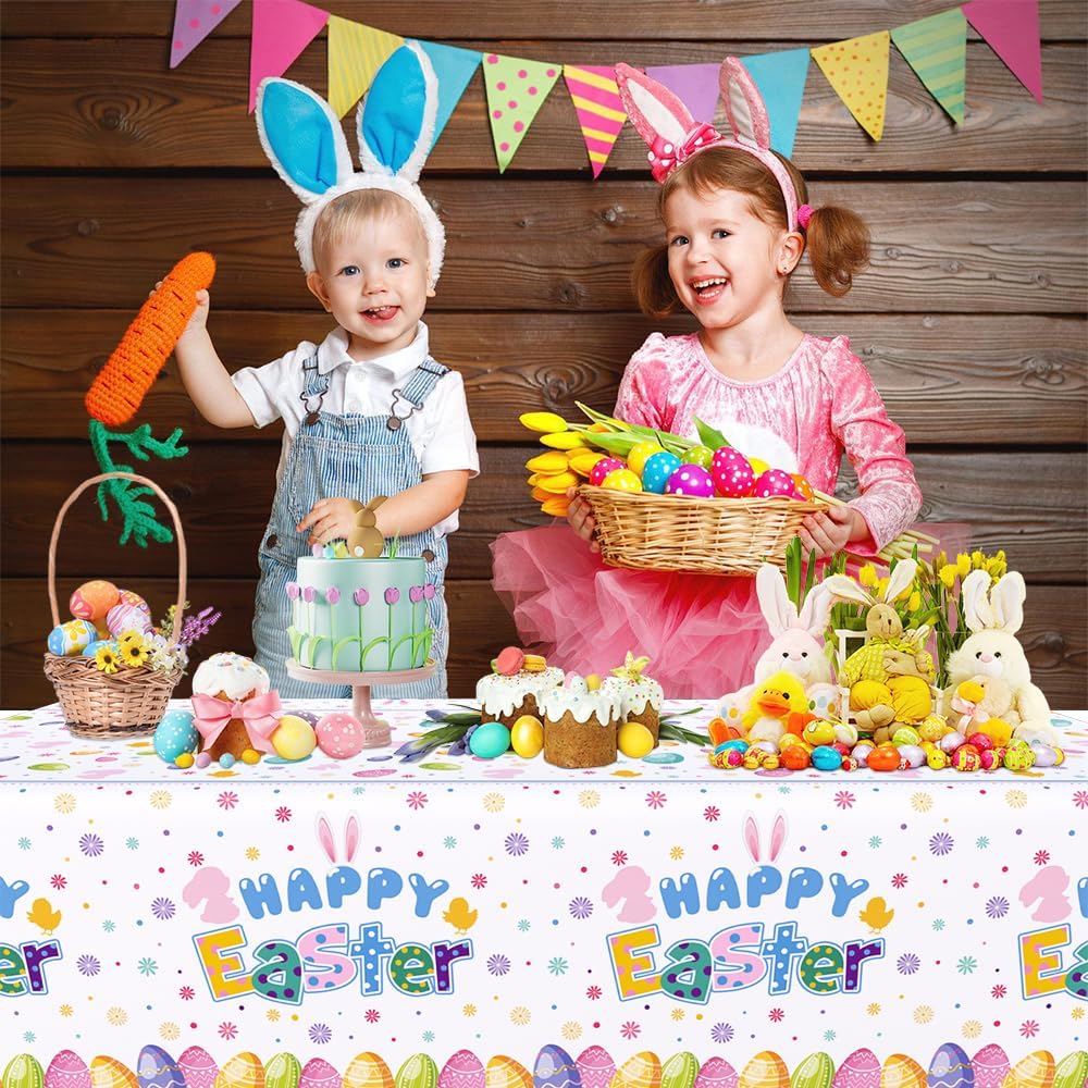 AIBIIN 3 Pcs Easter Tablecloth Decorations Bunny Happy Easter Decorations Table Cloths Colorful Rabbit Eggs Spring Plastic Tablecloth Family Table Cover 108 x 54 Inch