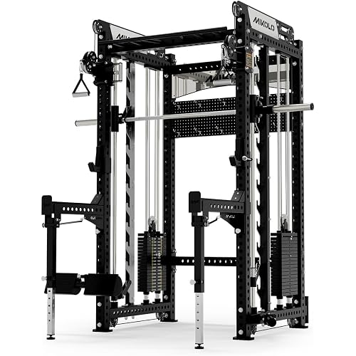 Mikolo Anubis-2.0 Smith Machine with Weight Stack, 3“×3” All-in-One Power Cage with LAT Pulldown & Cable Crossover, 3200LBS Multi-Function Trainer with Aluminum Pulley System for Fitness Home Gym