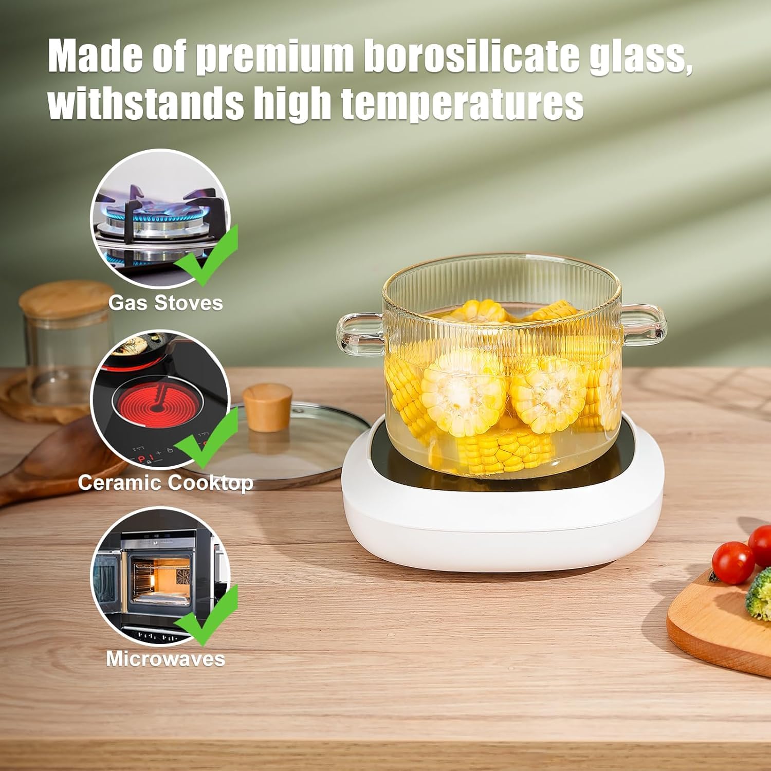 1.8L/60OZ Glass Simmer Pot, Clear Borosilicate Glass Cooking Pot for Stove-Top, Clear Heat Resistant Glass Saucepan with Handle for Stove Baby Food, Soup, Milk Dishwasher-Safe