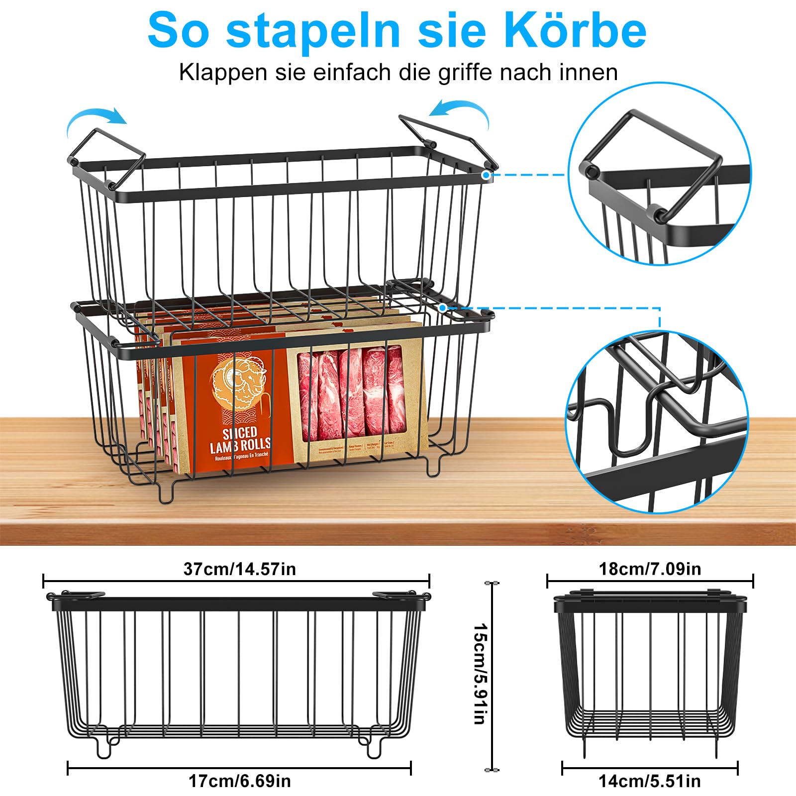 4er Gefrierschrank Organizer Stapelbare Gefrierkörbe aus Metall Gefriertruhe Korbe mit Boden und Griffen Gefriertruhe Ordnungssystem Platzsparend für 215L Truhengefrierschränken(37x18x15cm)