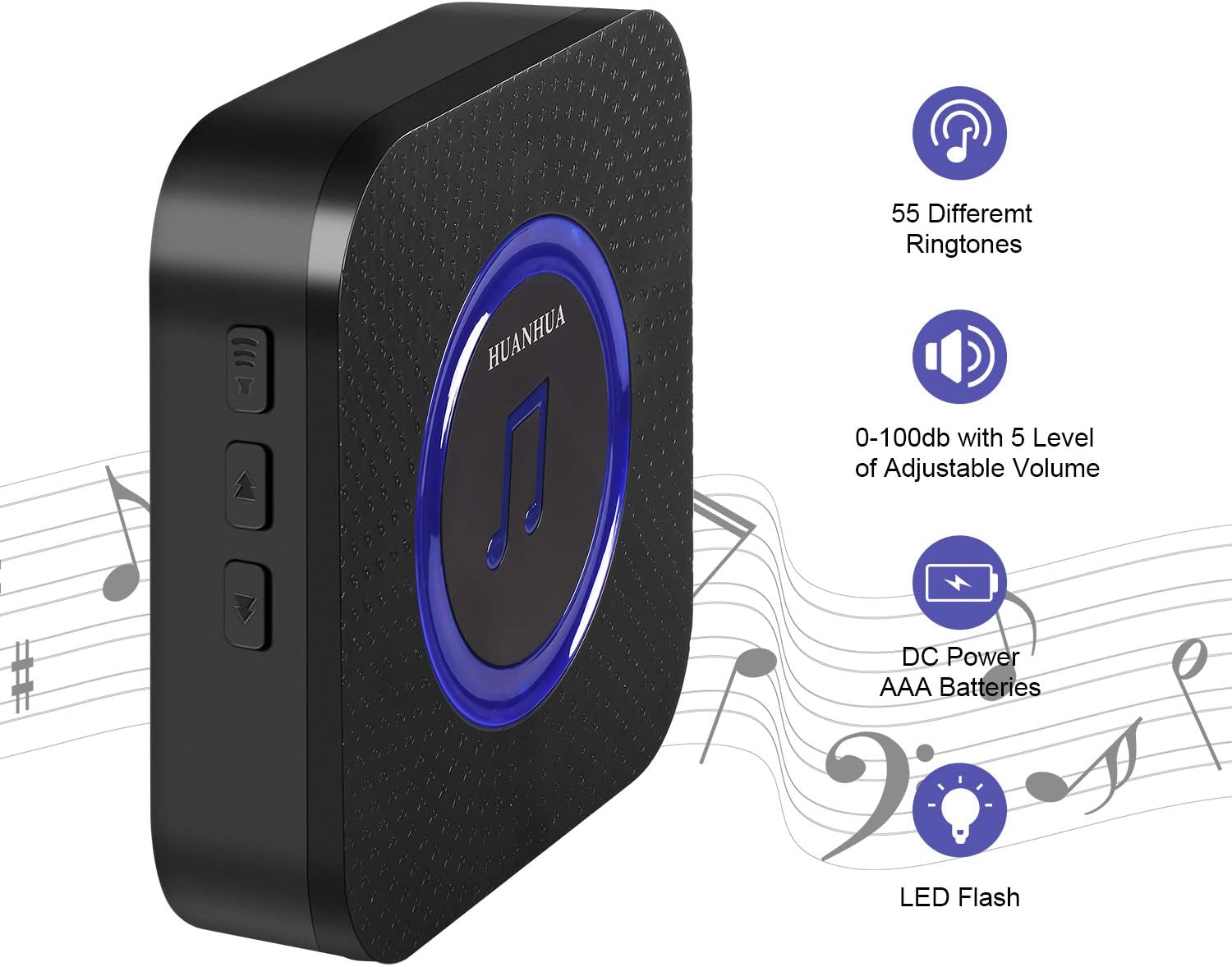 Wireless Doorbell,HUANHUA Door Bells Battery Operated with 2 Receivers,Waterproof Door Bell Wireless for Home,1000Ft Operating Range,5 Volume Levels,55 Chimes-Black - - 