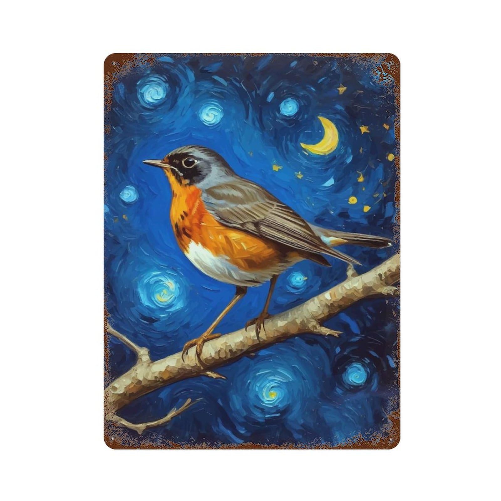 European Robin in Starry Night Rusty Metal Tin Sign 15.7"x11.8", Ideal for Shed, Workshop And Garage Wall Decor