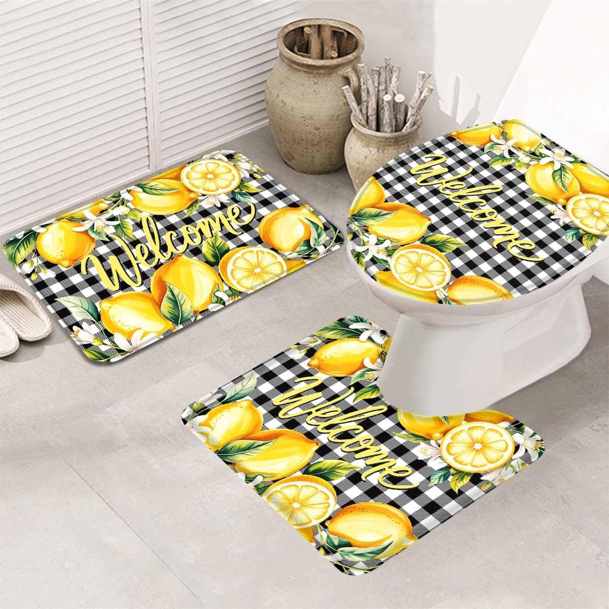 3 Pieces Bathroom Rugs and Mats Sets Lemon Summer Fruit, Non Slip Water Absorbent Bath Rug, Toilet Seat/Lid Cover, U-Shaped Toilet Mat, Home Decor Doormats Welcome Black and White Grid