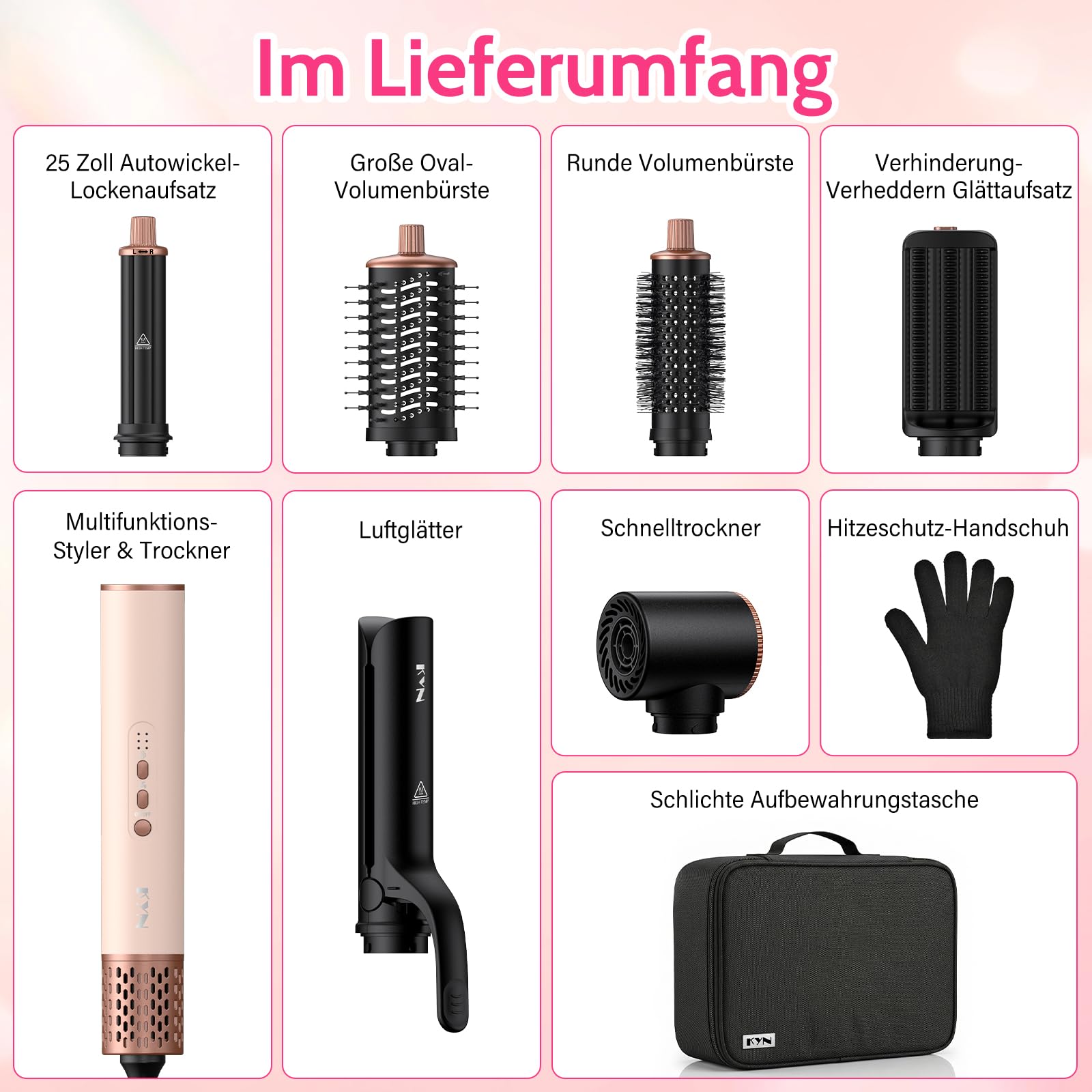 6 in 1 Hairstyler,1400w Hochgeschwindigkeits Airstyler rundbürstenföhn mit Lockenstab Automatisch, Warmluftbürste, Glättbürste,Haarstyler für Trocknen, Locken, Glätten, Volumen