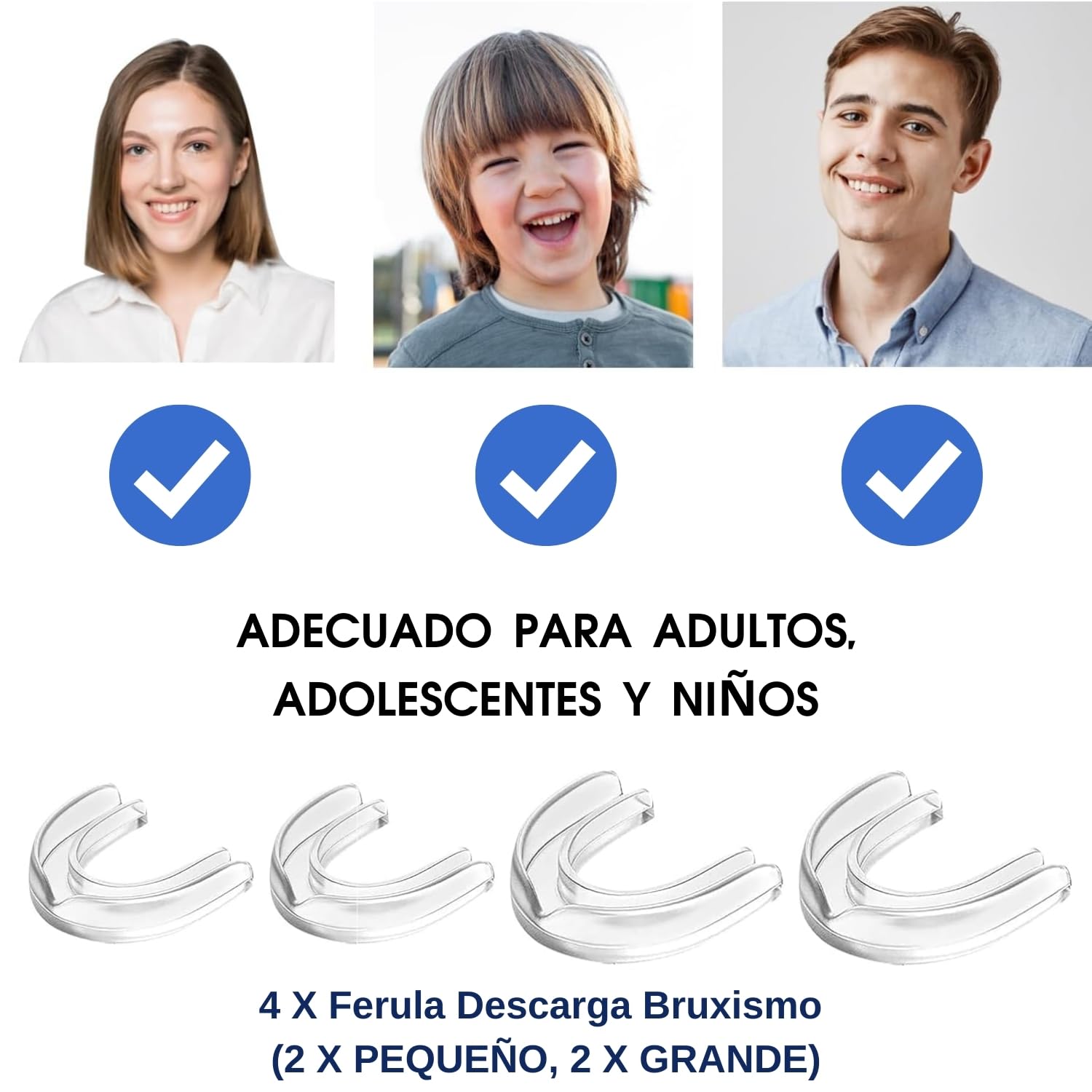Ferula Descarga Bruxismo, 4 Piezas 2 Tamaños, Bruxismo Dental Noche, Férula de Descarga, Protector Bucal para Dormir, Protector Bucal Ajustable para Empleo Nocturno