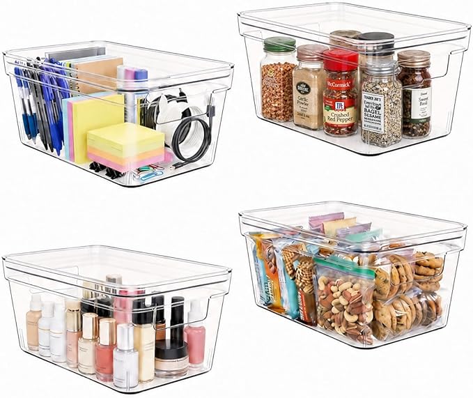 MOONEDGE Small Clear Plastic Storage Bins with Lids and Handles,Stackable Small Item Organizer Containers for Vanity,Craft,Office,Fridge,Kitchen,Pantry,Bathroom,Closet – 6 Pack (10×6×5 in)