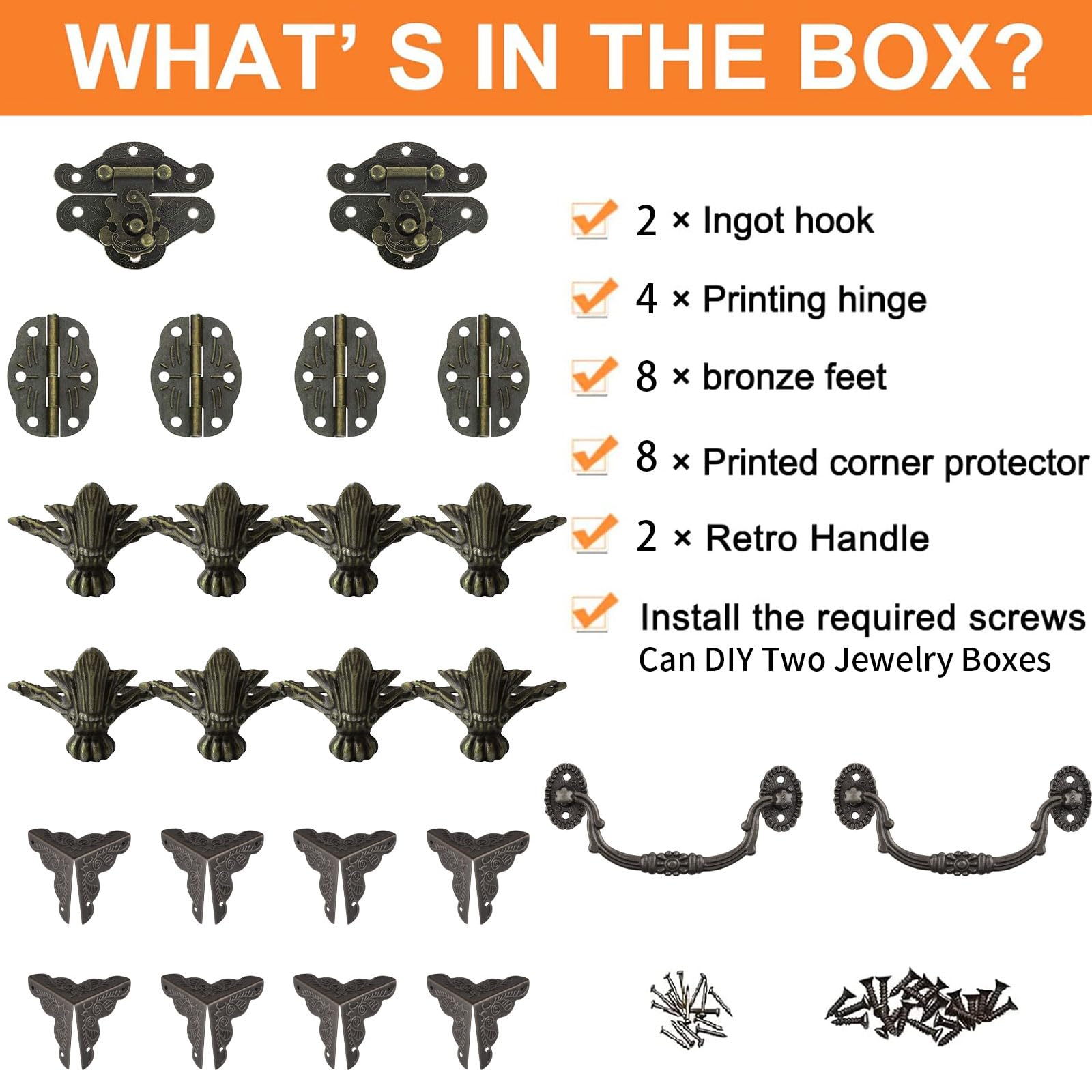 MOROBOR Jewelry Box Antique Lock Latch Hasp Hinges Handle Box Corner Protectors Kit for DIY Jewelry Box Bronze 2 Sets 24Pcs - Image 4