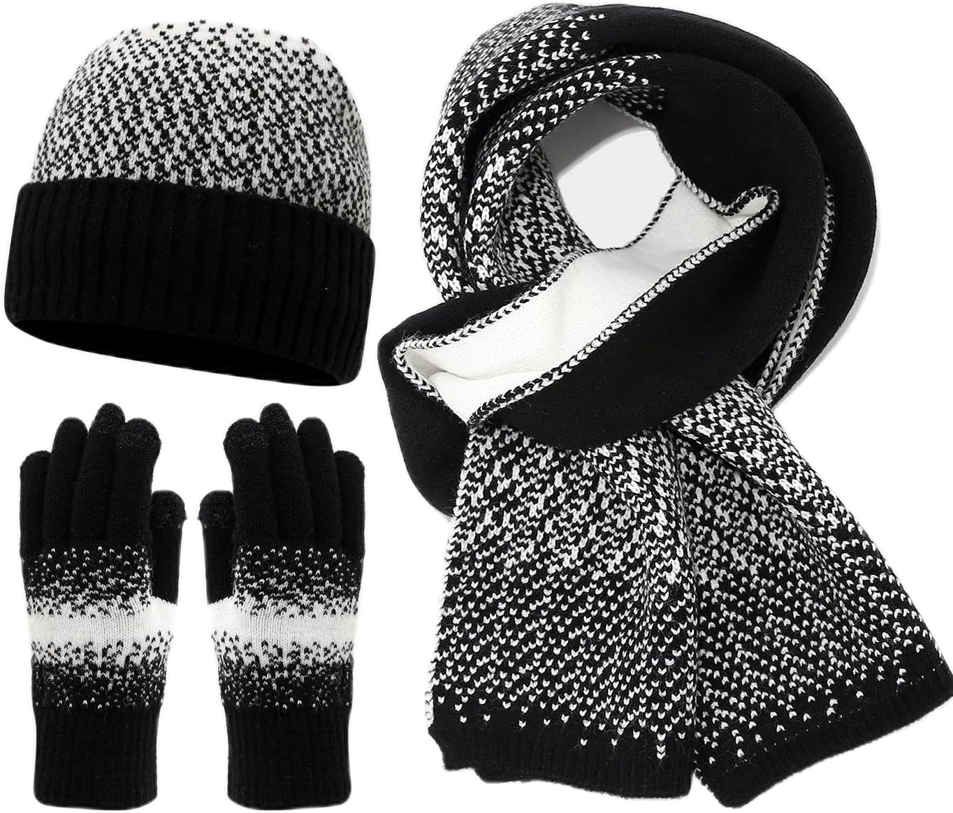 Knit Set: Beanie Scarf Gloves - Color Block Winter Warm Accessories Trio