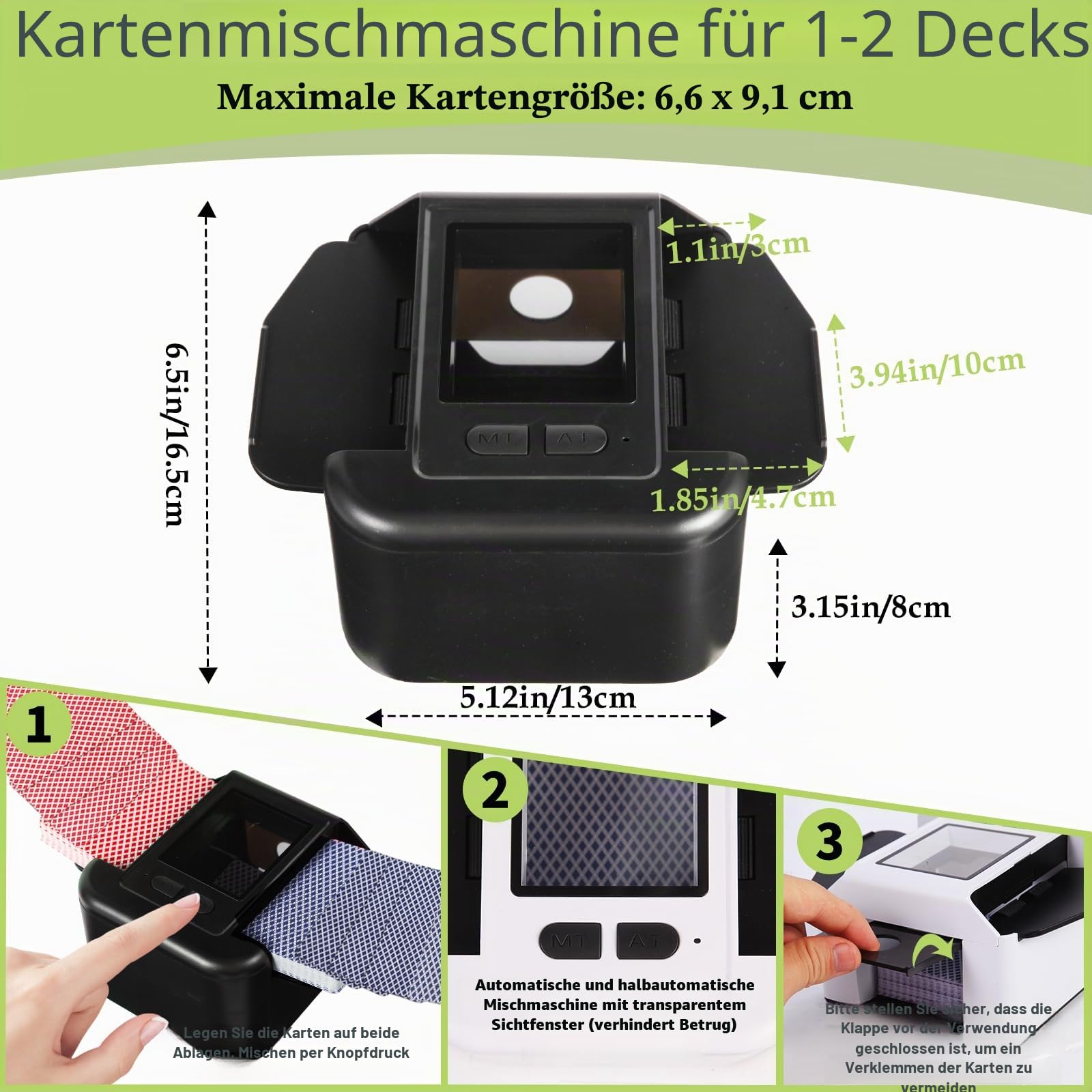Wiederaufladbar Automatischer Kartenmischer für 2 Decks, Geräuscharm Elektrischer Kartenmischer mit Auto & Manuell, Tragbar Kartenmischmaschine für UNO Romme Phase 10 Skip-BO etc Karte