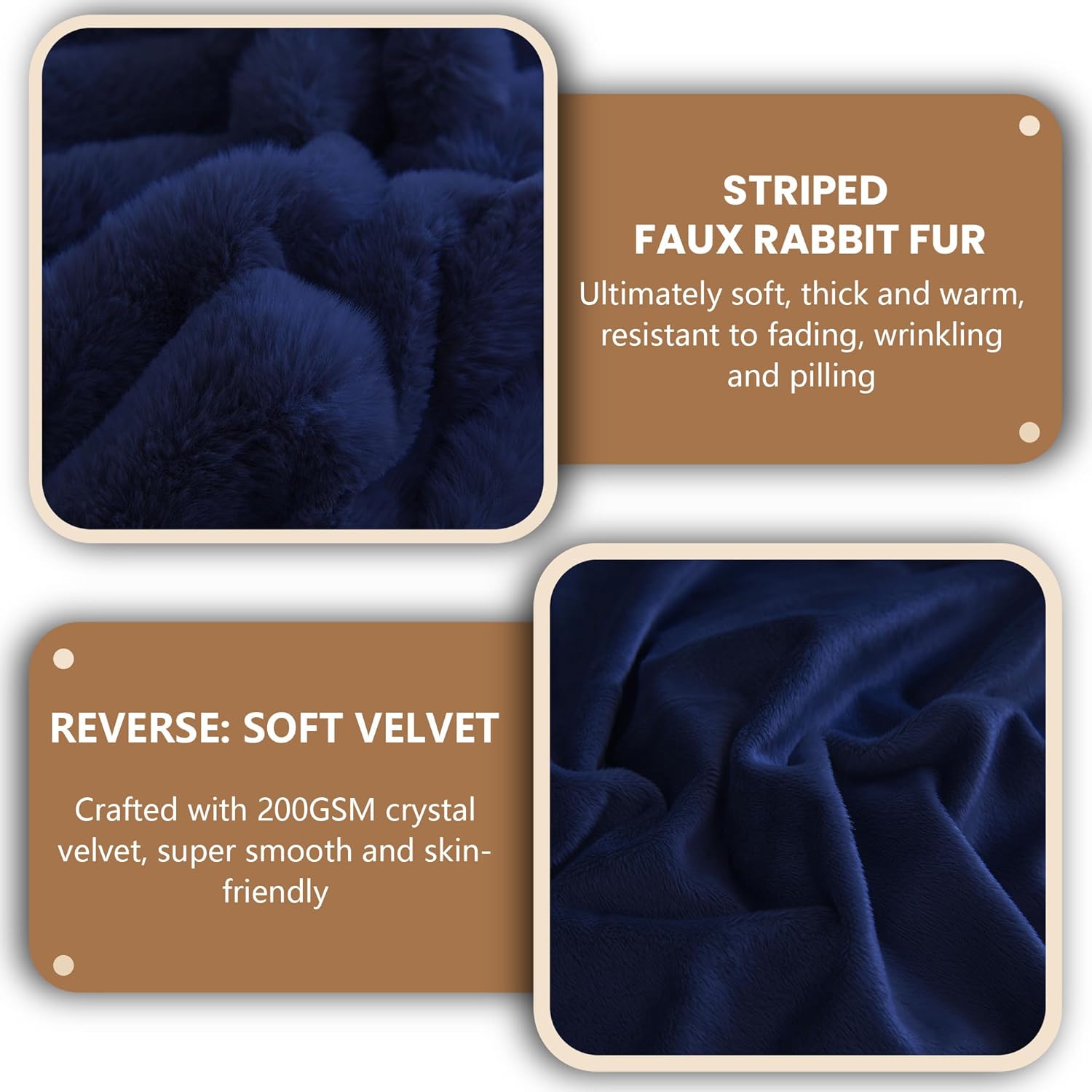 MEGO Pack of 2 Fluffy Faux Rabbit Fur Pillowcases, Soft Striped Plush Fuzzy Bed Pillow Cases with Zipper, Farmhouse Shaggy Furry Ribbed Long Pillow Covers Kids Teens Adults 20x26, Standard, Navy Blue - Image 6