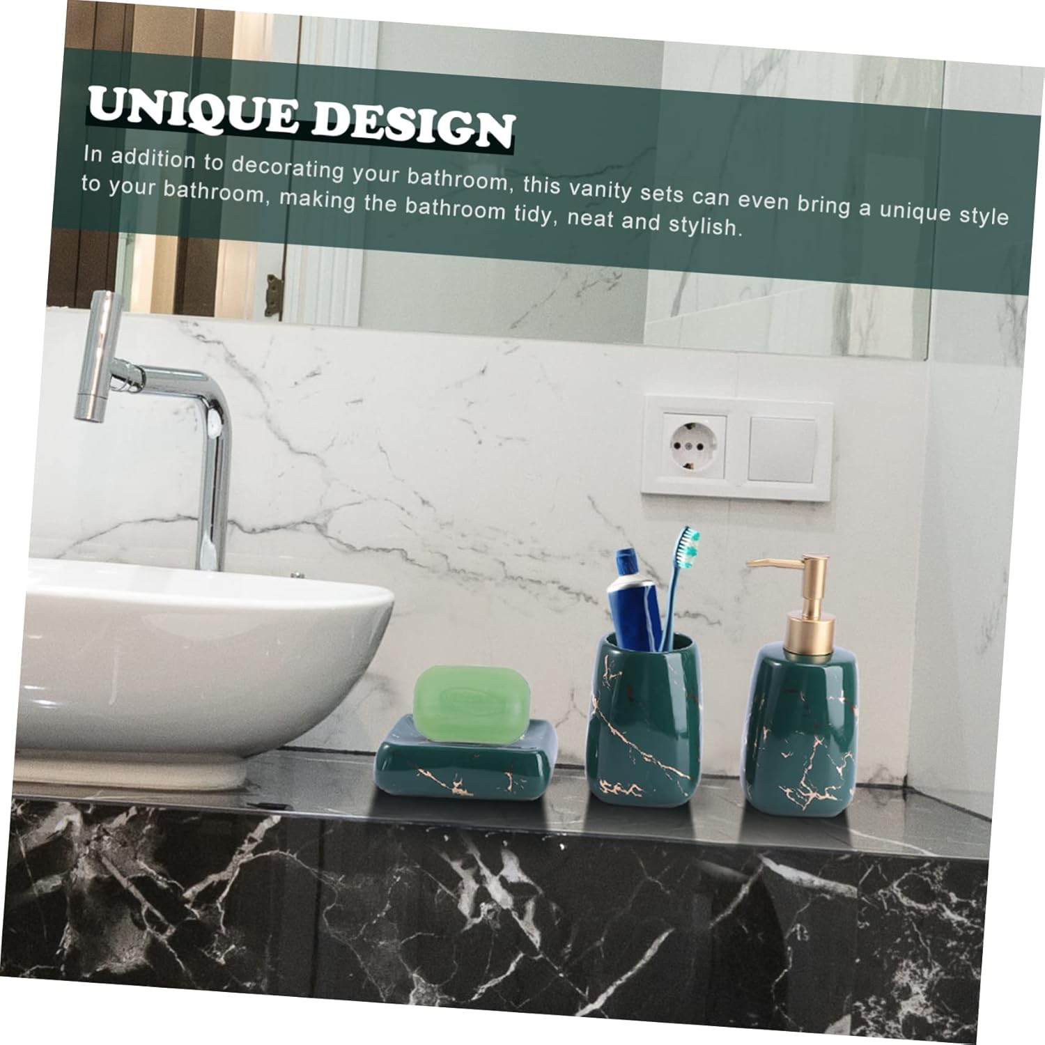 VICASKY 3-Piece Bathroom Accessory Set Toothbrush Holder Soap Tray and Washing Cup Marble Look Bathroom Decor for Home Vanity