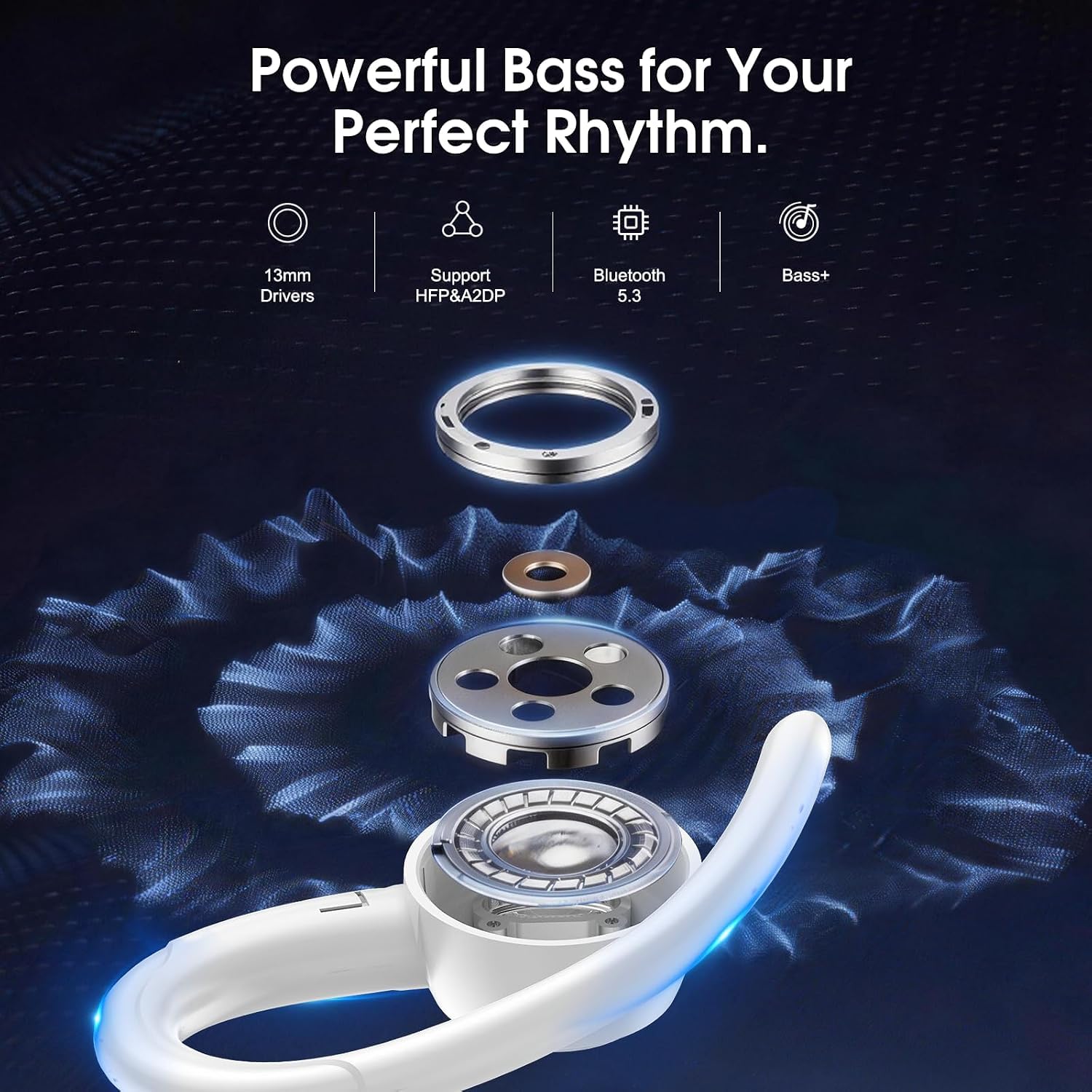 Csasan Auriculares inalámbricos Deportivos, Cascos Sonido Premium | 48H Bluetooth 5.3 Auriculares con HD Micrófono y Pantalla LED, Diseño de Gancho de Aire, iOS Android para Deportes, Blanco