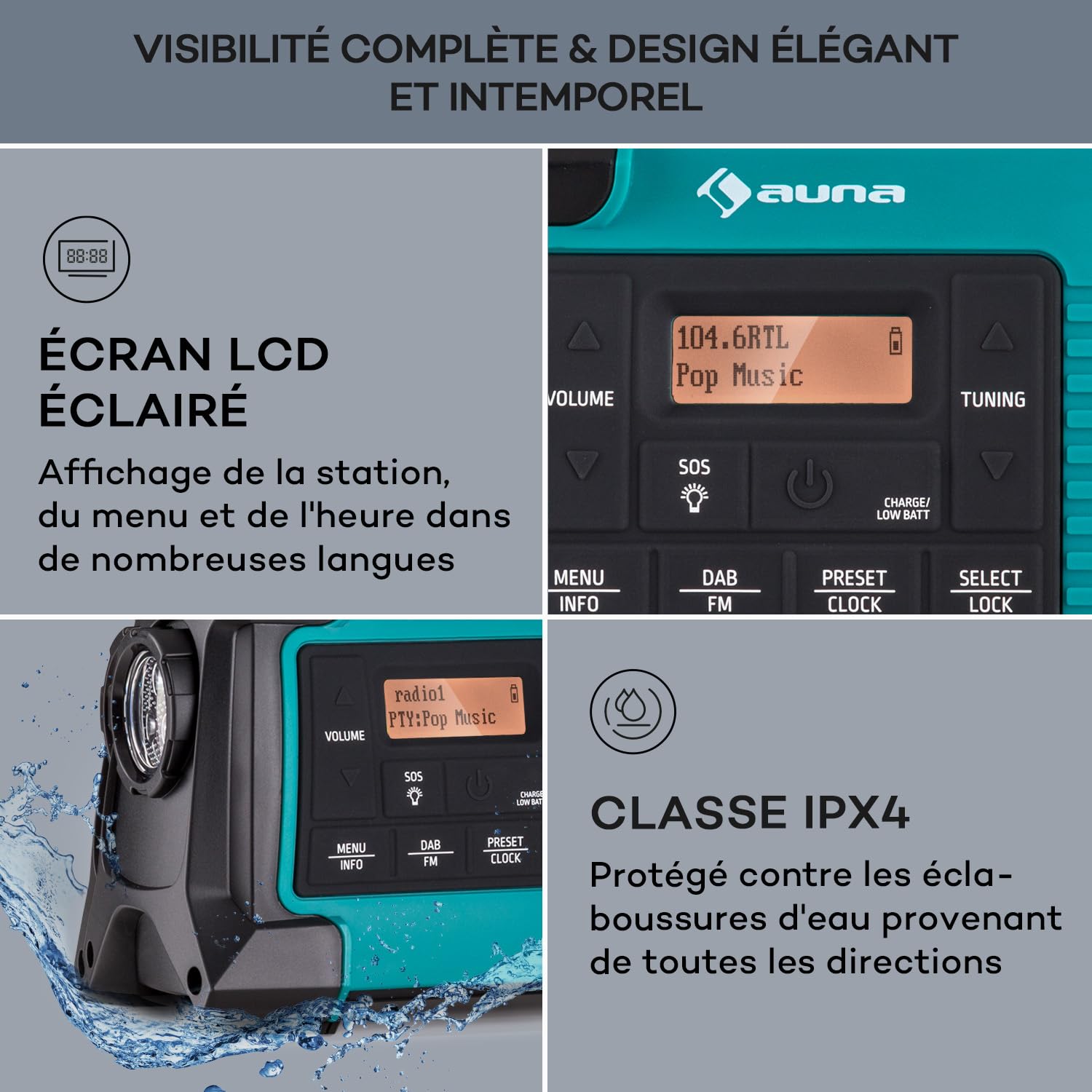 Auna Radio Portable Bluetooth et Rechargeable, Petit Poste Radio Numérique 1W Dab/Dab+/FM/Streaming, Mini Portables Stéréo, Écran LCD, FM WiFi, Alarme Reveil Alimentée au Secteur