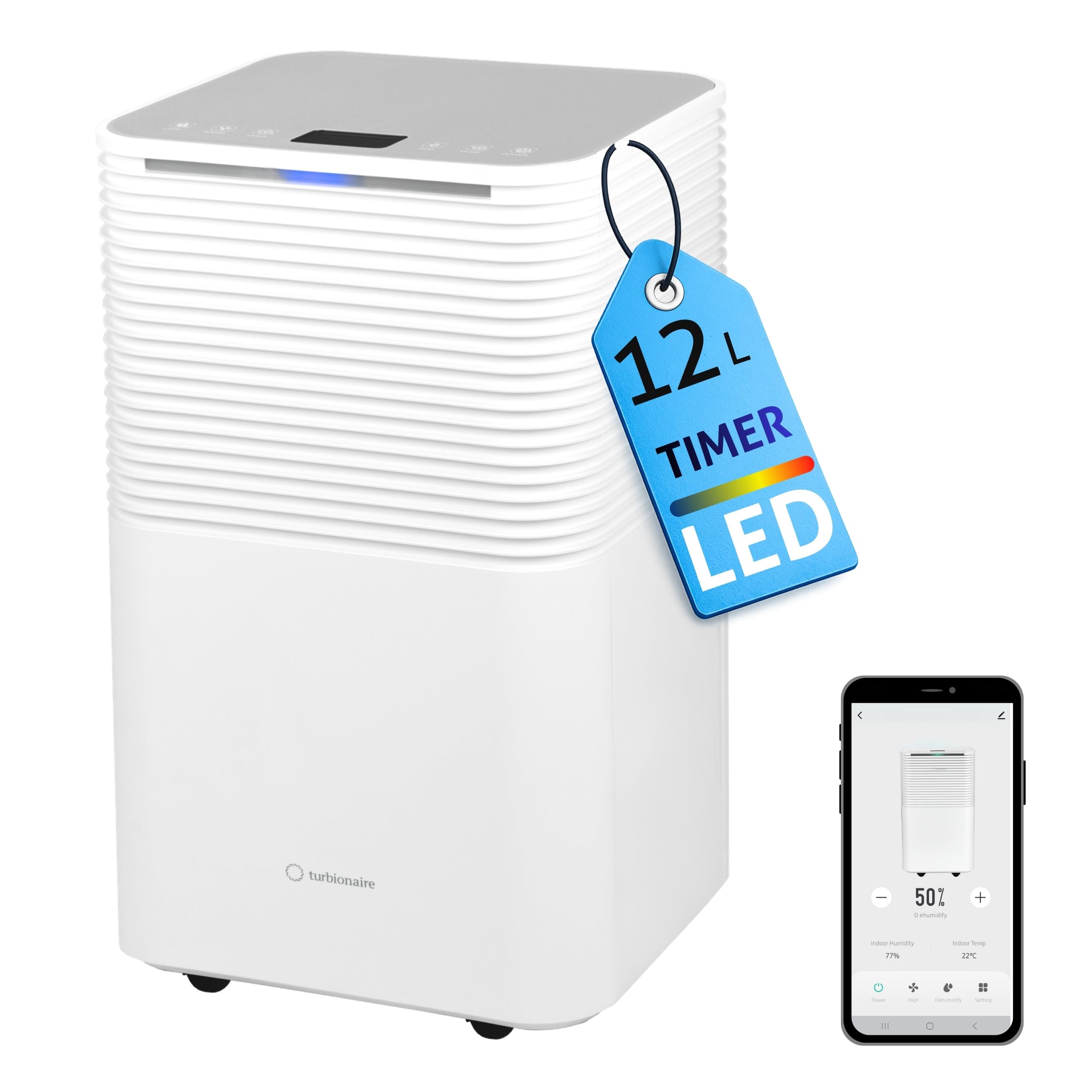 Turbionaire Epi 12 przenośny osuszacz powietrza, sterowanie dotykowe, 12 l/24 godziny, przyjazny dla środowiska płyn chłodzący R290, funkcja Child Lock, do pomieszczeń do 65 m³, minimalistyczny design