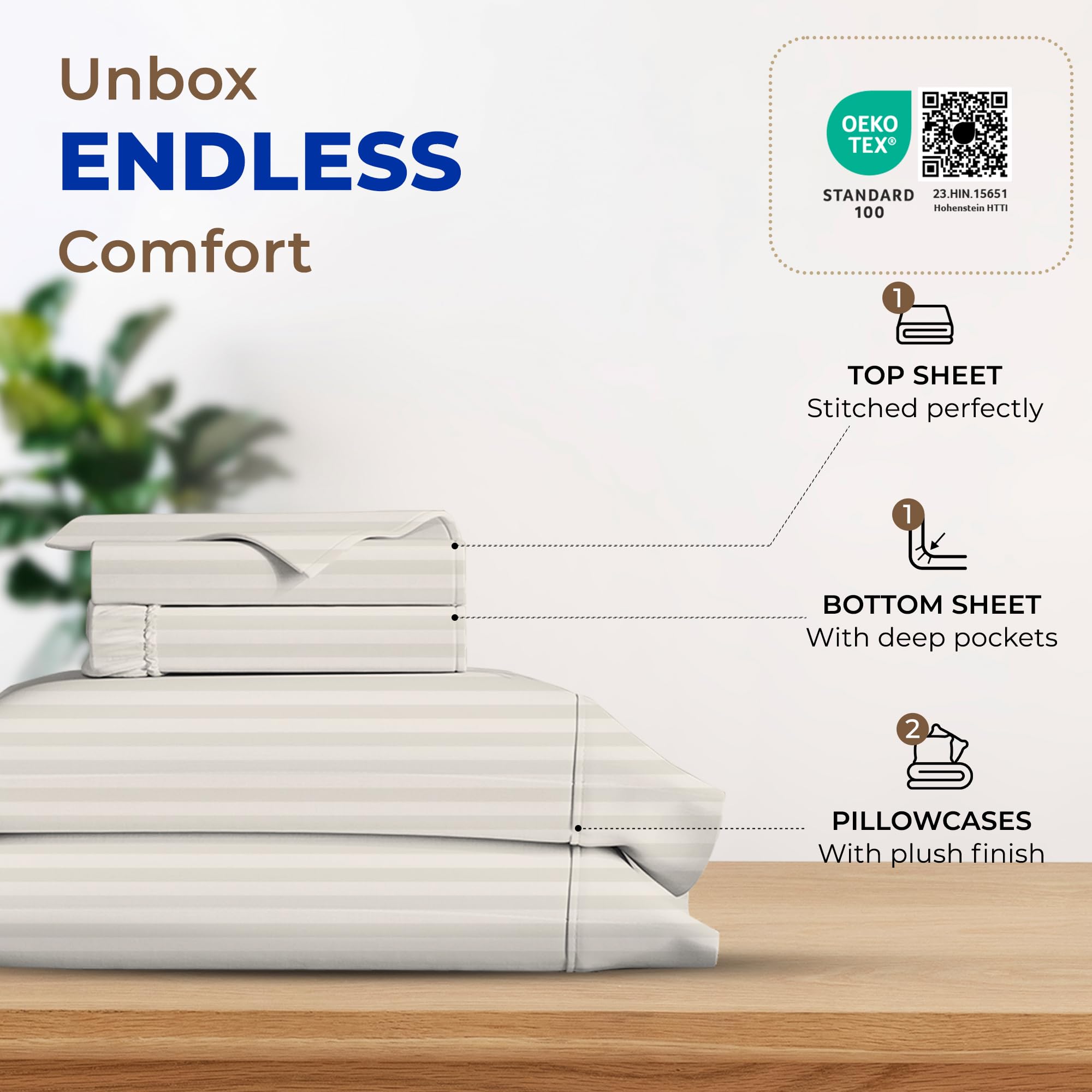 600-TC Egyptian Quality 100% Cotton Striped Sheets, Luxury King Size Cooling Damask Bed Sheets for Hot Sleepers, Sateen Weave - Image 3