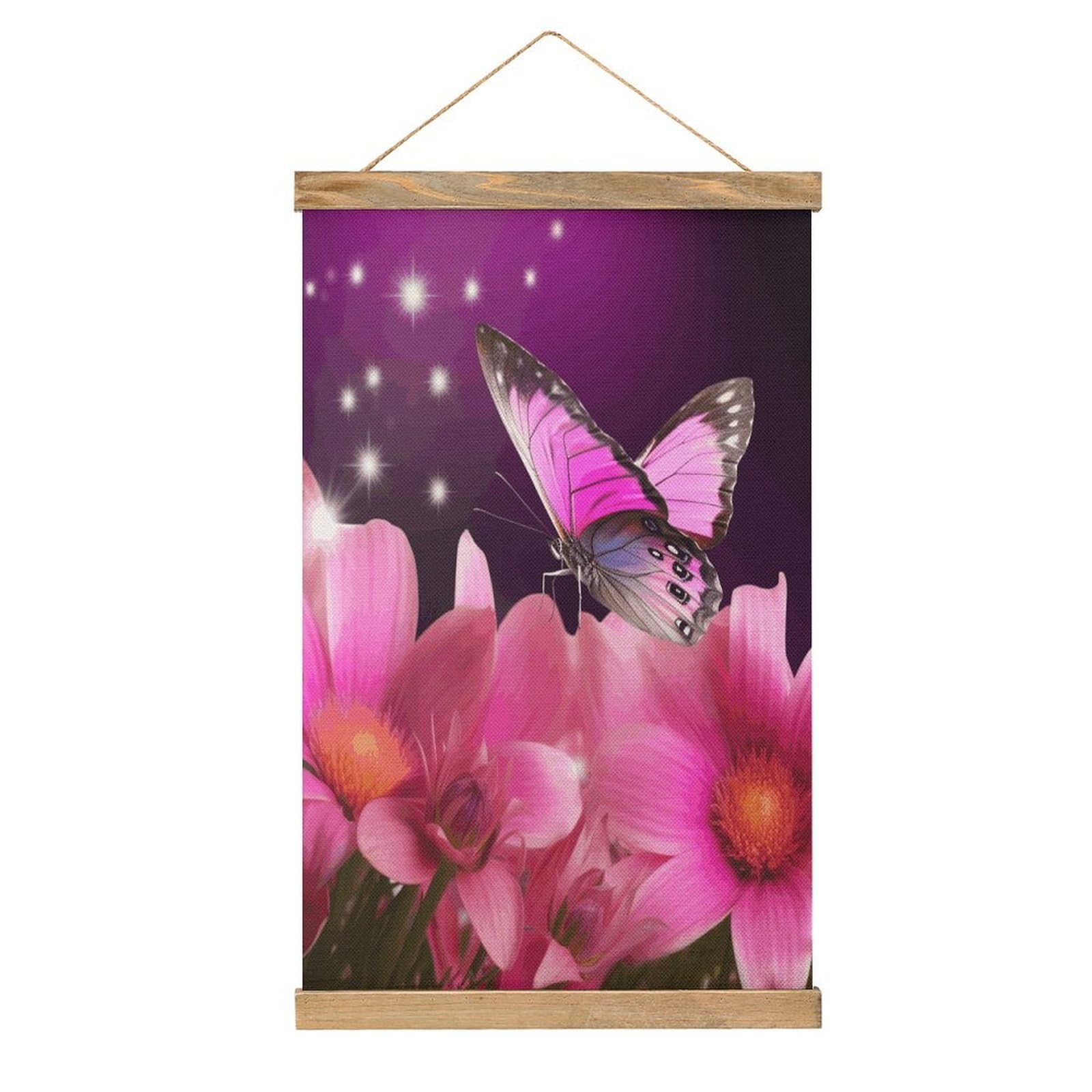 JTREHY Pink Flower And Butterfly Linen Hanging Painting Vintage Poster Wall Art Prints Personality Style Wall Hanging Poster for Living Room Office Bedroom Decor Frame 13.2 X 20.47 Inch