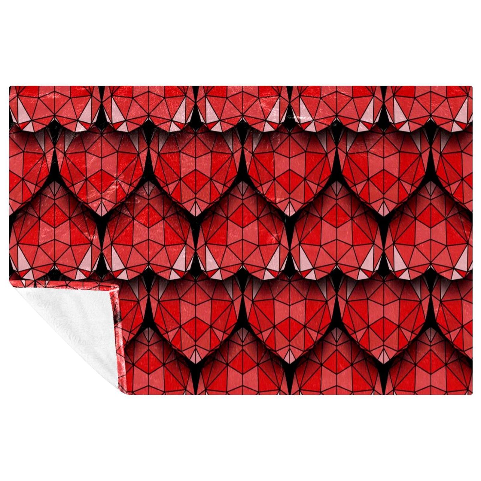 Couverture douce en polaire à motifs cœurs rouges et géométriques