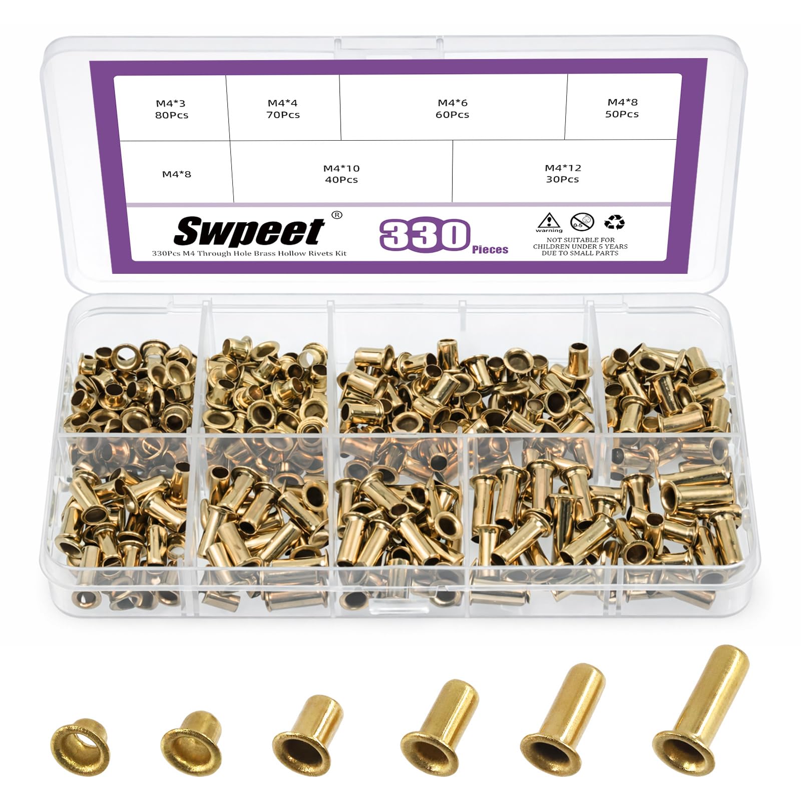 Swpeet 330Pcs 6 Sizes M4 Through Hole Copper Rivets Assortment Kit, Hollow Rivets Grommets, Double-Sided Circuit Board PCB Vias Nails for Electrical Applications Belts Wallets Leather DIY Craft