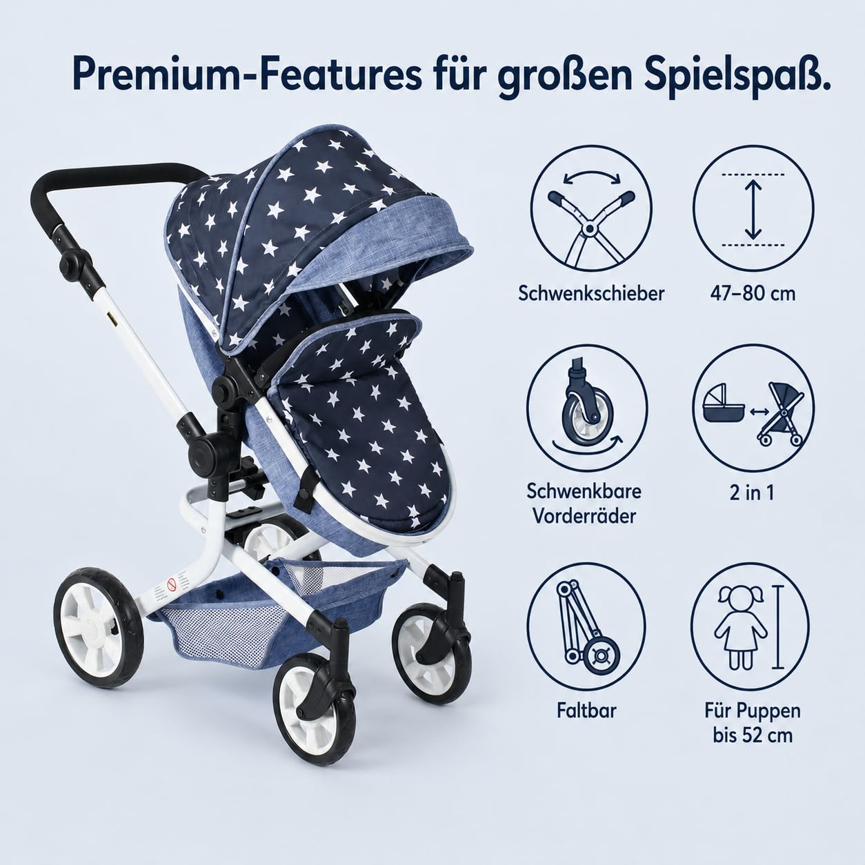 Bayer Chic 2000 - Wózek dla lalek Mika, wózek dla lalek kombi 2 w 1 dla dzieci w wieku od 4 do 8 lat, wózek dziecięcy dla lalek do 52 cm, gwiazdka, granatowy