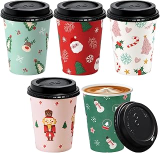 Fit Meal Prep 50 Pack 12 oz Christmas Disposable Coffee Cups with Lids, Premium To Go Paper Cups, Leak Proof Hot Coffee Cups for Travel, Office, Hot/Cold Beverages (Black Lids)