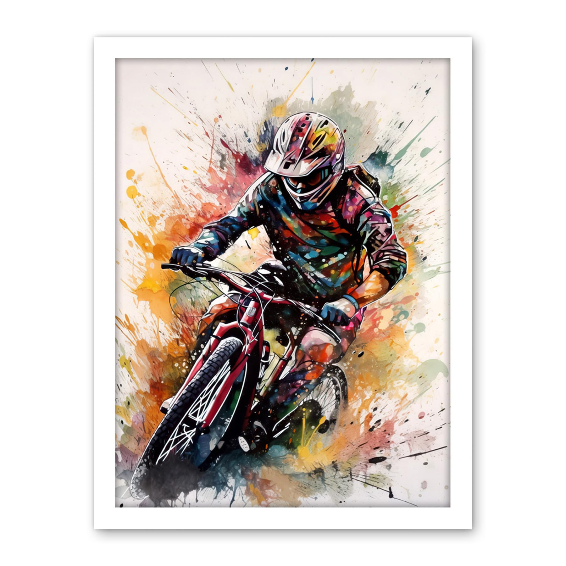 Artery8 Mountain Biker Action Shot Paint Splat Portrait Artwork Framed Wall Art Print 18X24 Inch