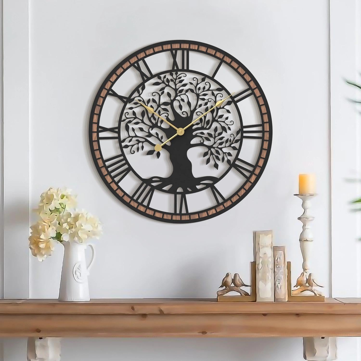 Micasso Wall Clocks Battery Operated: 21Inch Farmhouse Tree of Life Metal with Wood Frame – Rustic Roman Numerals Clock for Bedroom/Home Office/Living Room – Home Decor for Trendy Fashionistas