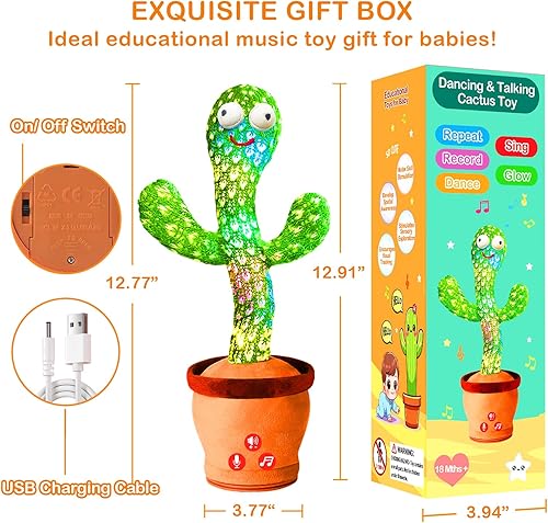Miniatura 6 de River Mill Juguete recargable de cactus que habla bailarín, juguete interactivo que imita el cactus, regalos de juguetes para bebés con canciones
