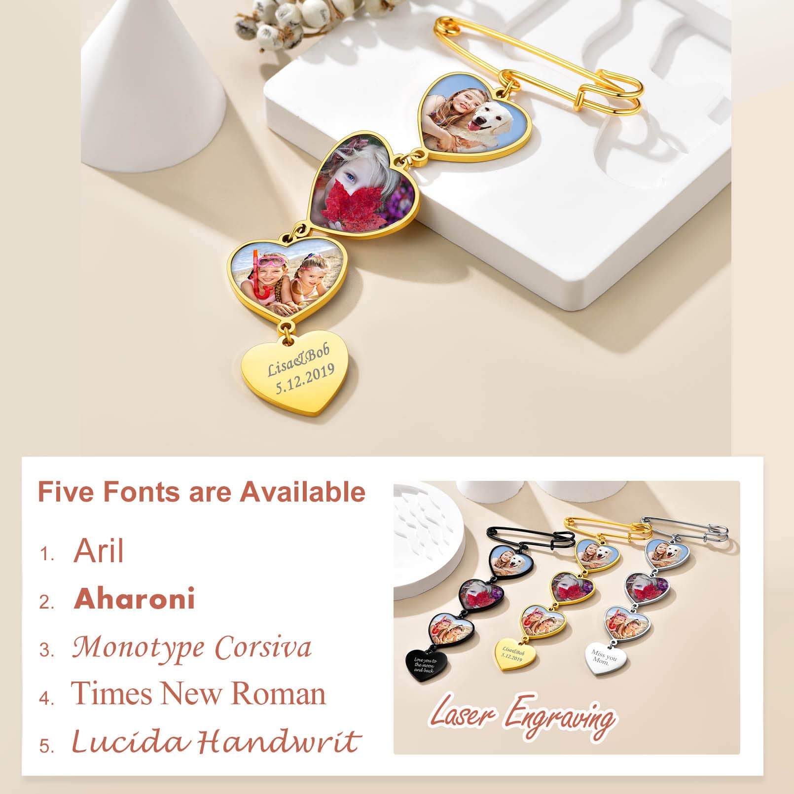 Custom4U Personalisierte Damen Herren Brosche mit 3x Fotoanhänger mit Gravur für Memorial Anhänger Brautstrauß Ansteckblume Bräutigam Edelstahl DIY Anstecker Gold für Hochzeit Weihnachten