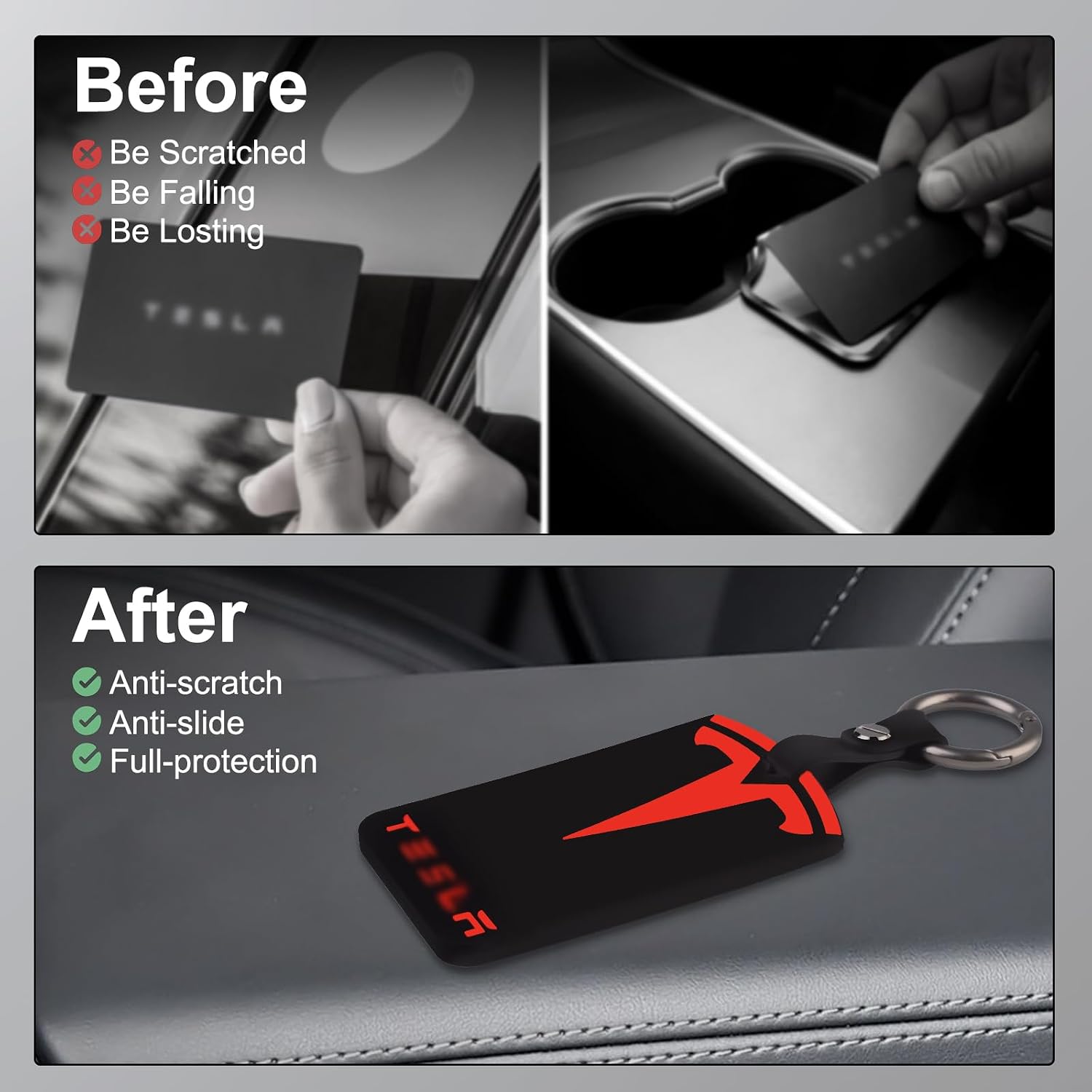 Silicone Key Card Holder Case Compatible with Tesla, Key Protector Cover Including Key Chain Secure Fit,1 PCS(Black with Red Logo)