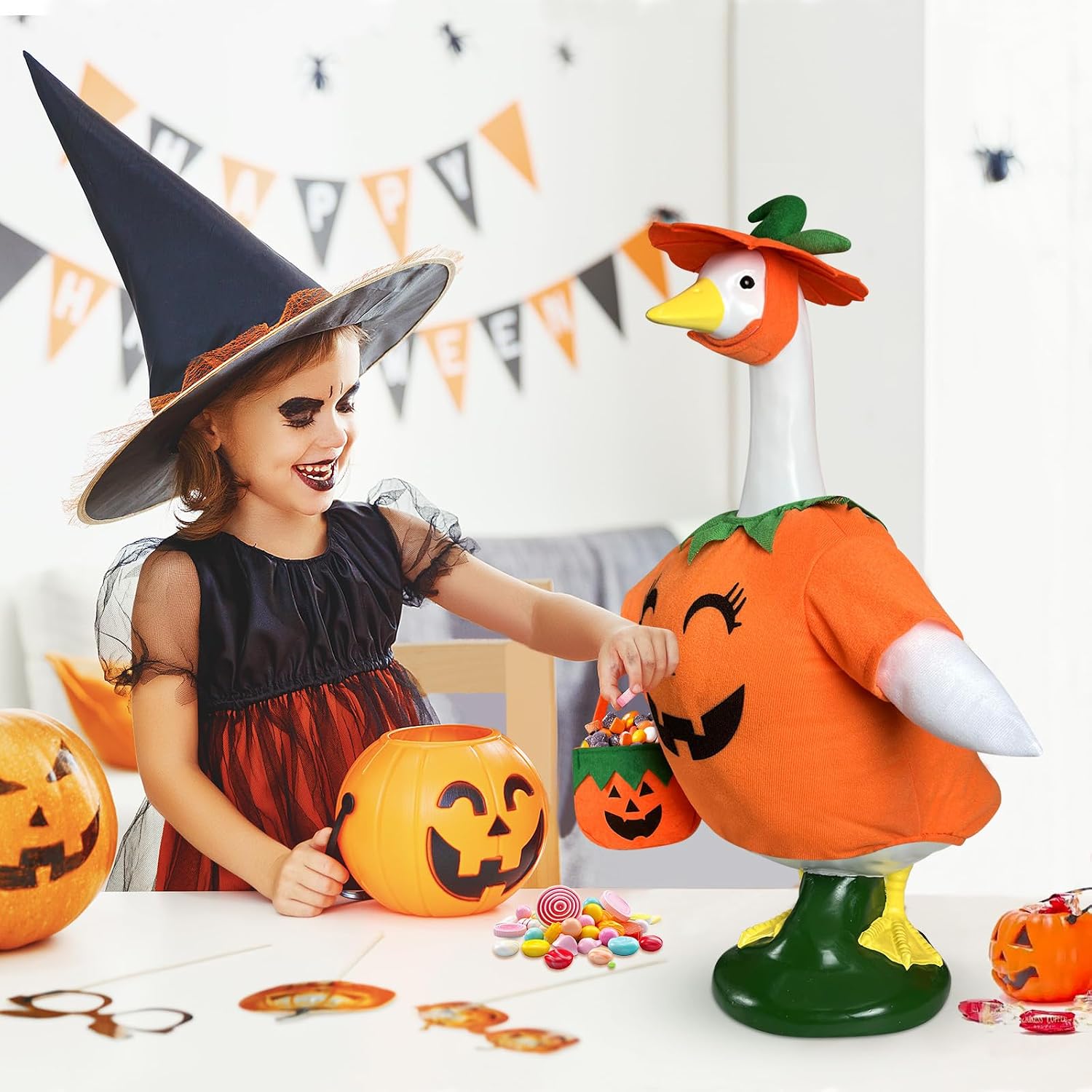 17'' Fall Porch Goose Outfit, Pumpkin Lawn Goose Clothes | Cute Halloween Goose Costume for Outdoor Patio Yard Decoration