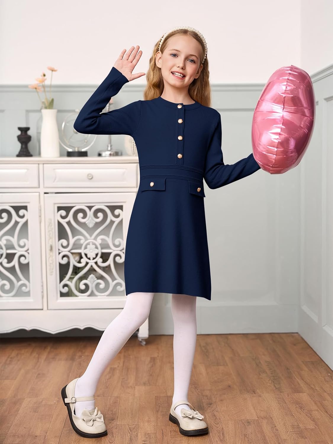 Haloumoning Girls Long Sleeve Sweater Dress Kids Casual Front Button A-Line Knit Fall Dresses 5-14 Years - Image 4