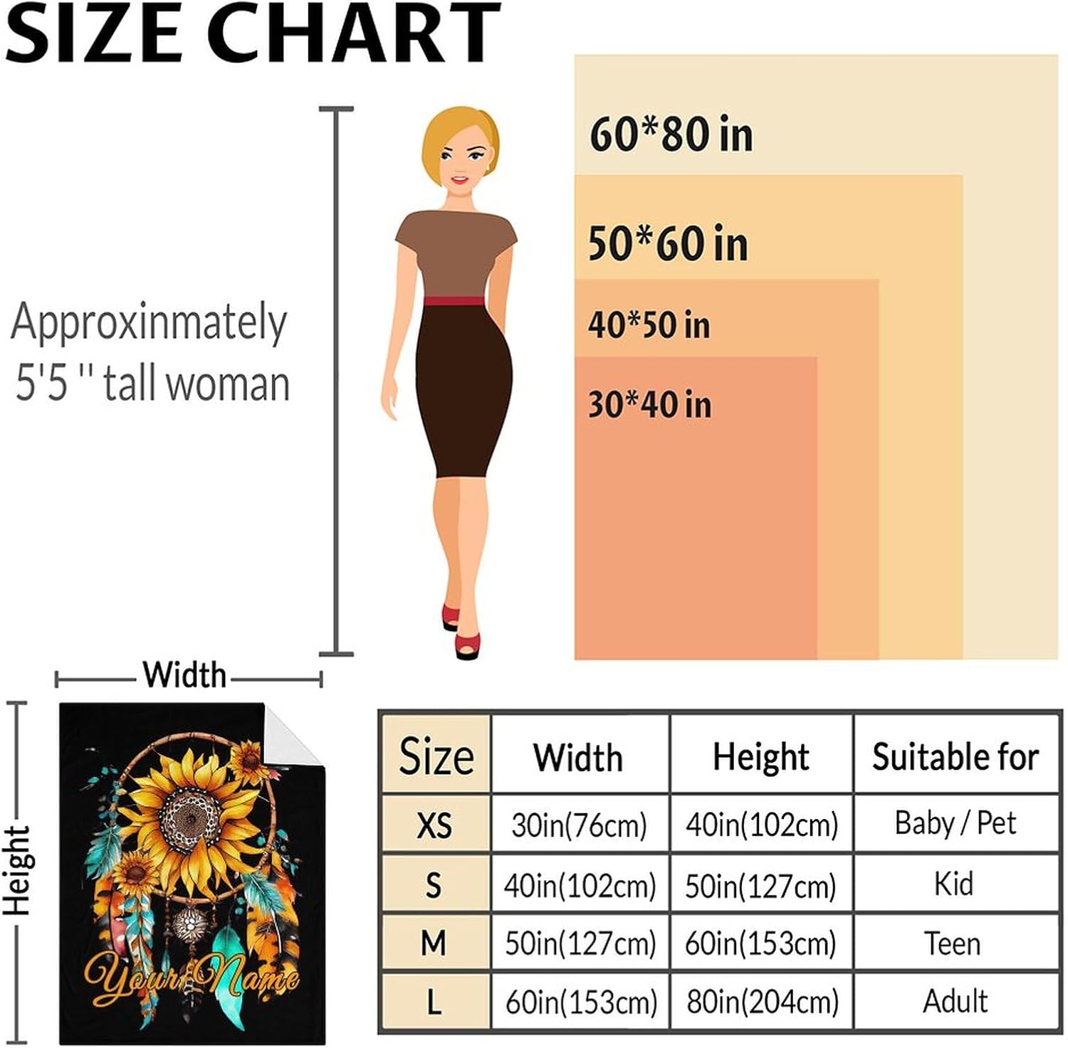 Custom Sunflower Blanket Gift with Name - 40 x 50 Inches Bohemian Sunflower Print Throw Blanket for Women & Girls - Black Soft Fuzzy Blankets for Bed, Couch & Travel
