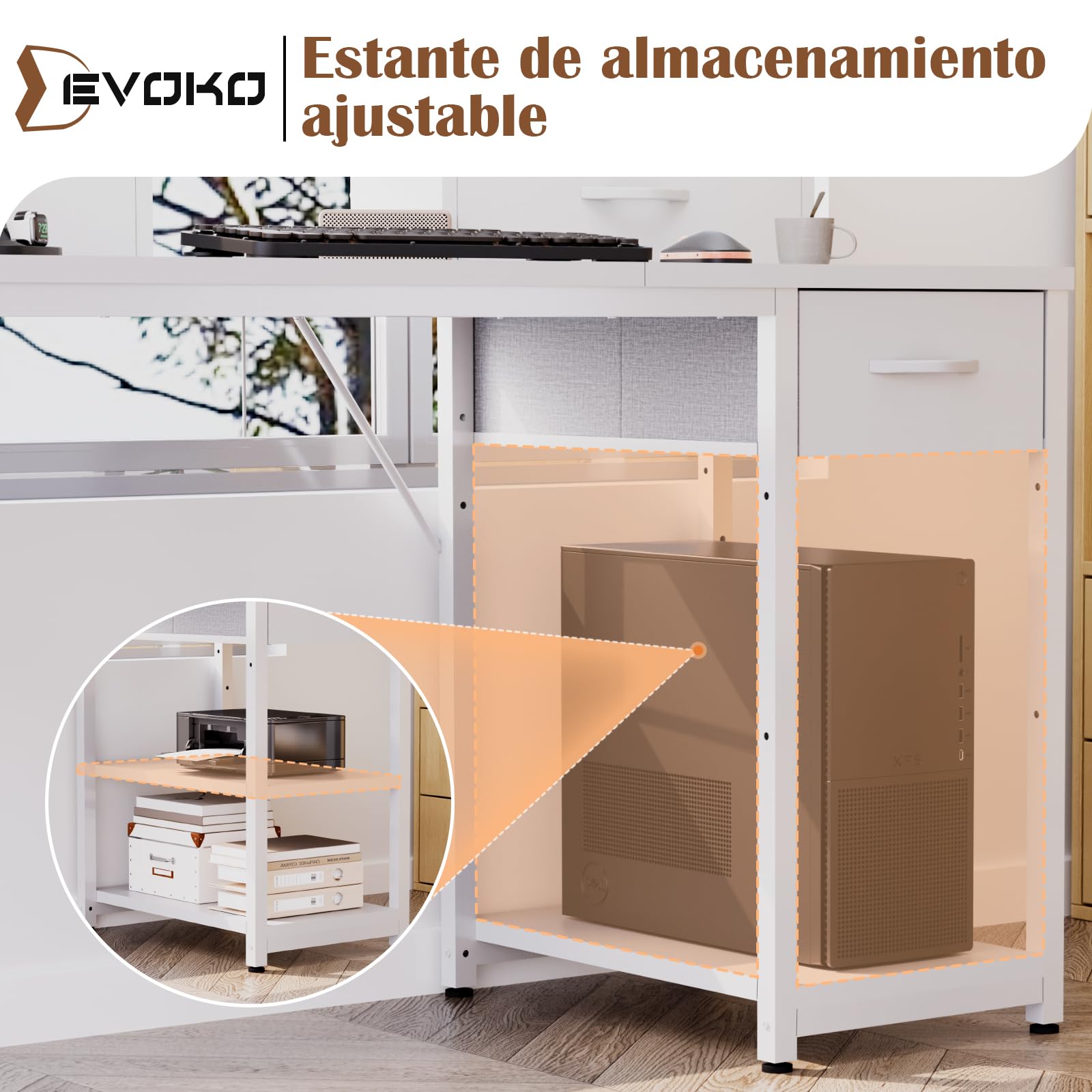 Devoko Escritorio con Cajones con Estante Reversible, Escritorio Ordenador con Almacenamiento, Soporte para Monitor, Orificio para Cables, 2 Estantes Ajustables y Cajón Inferior, 120 x 50 cm, Blanco