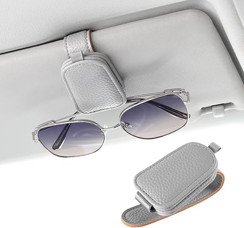 2-Pack Magnetic Sunglasses Holder For Car Visor – Leather Clip For Glasses, Tickets, Cards (Gray)