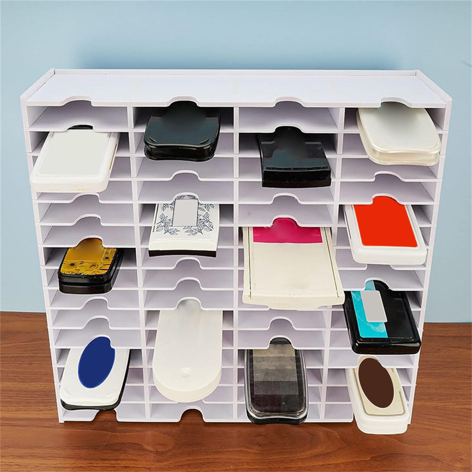 Organizador de almohadillas de sellos de 18/36/51/60 rejillas para montaje en pared, estante de almacenamiento para almohadillas de tinta y espacios de trabajo, estante de almacenamiento de