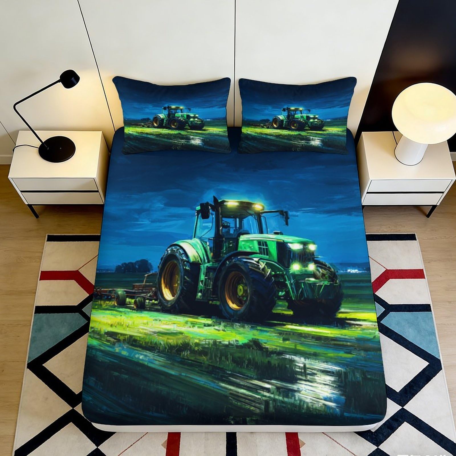 Jqzkxnhpbr Style-6 3D Printed Green Tractor Fitted Sheet Microfiber Soft Farm Night Scene Mattress Cover For Bedroom Dorm Decor 90X200x25cm