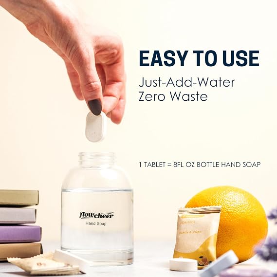 flowcheer Foaming Hand Soap Tablet Refills 12 Count & Glass Foaming Soap Dispenser Combo - Frosted Real Glass Bottle 11 oz