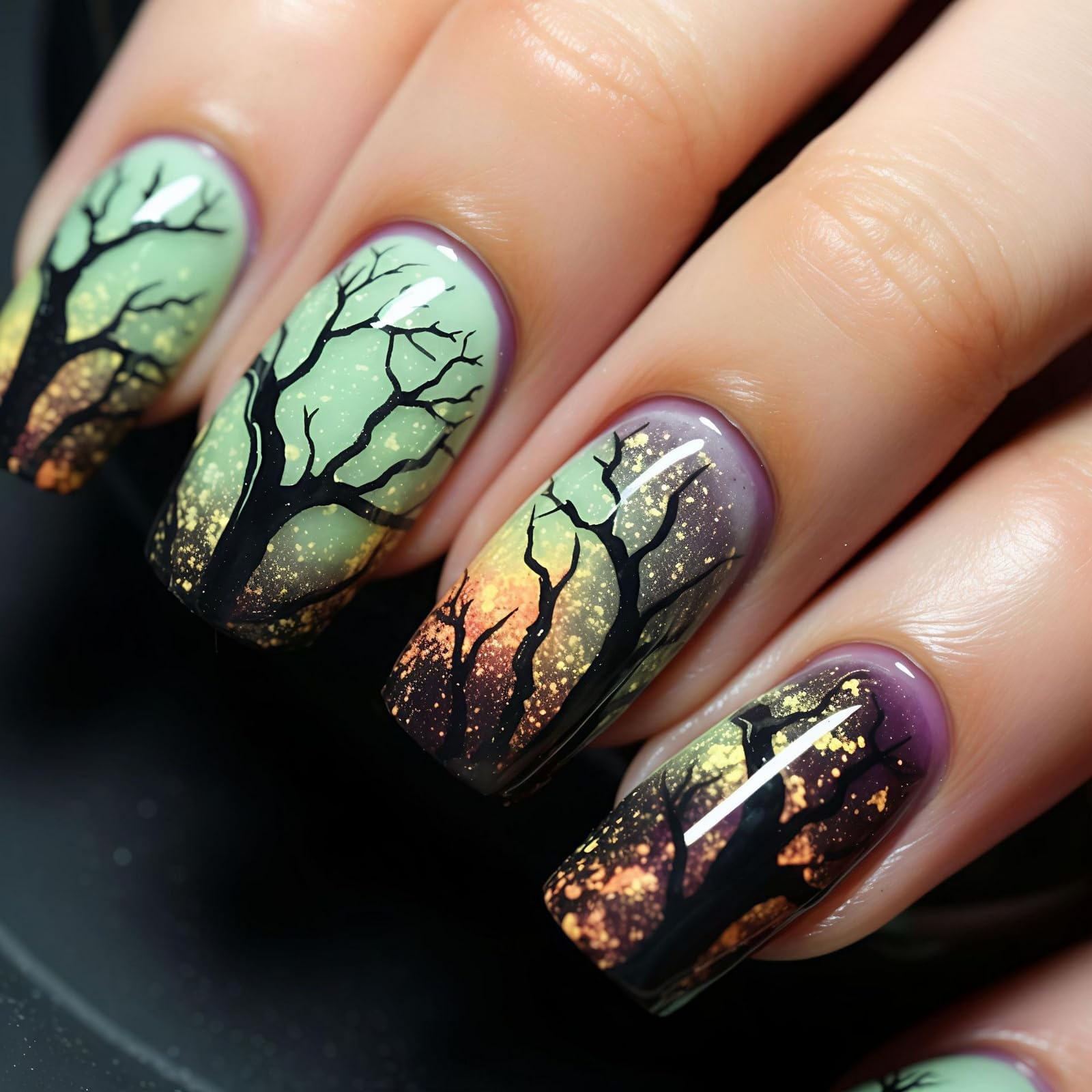 Halloween Press on Nails Medium Square SWEKKE Fake Nails Green False Nails with Sunset Forest Designs Full Cover Glossy Glue on Nail Fall Acrylic Nail for Women Girls 24Pcs