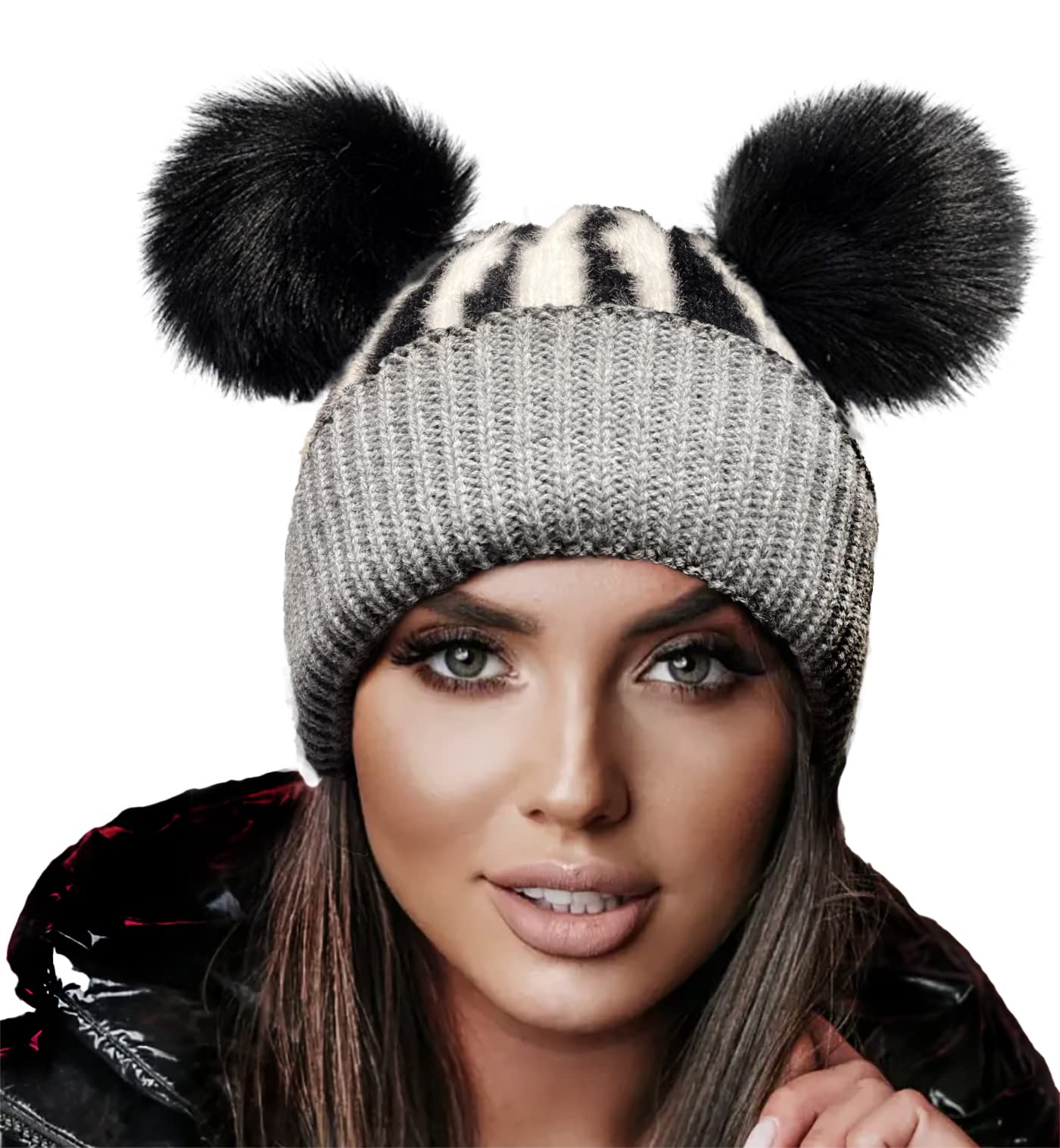 4sold Miki Colour Womens Girls Winter Hat Wool Knitted Beanie with Double Pom Pom Cap Ski Snowboard Bobble Grey Black