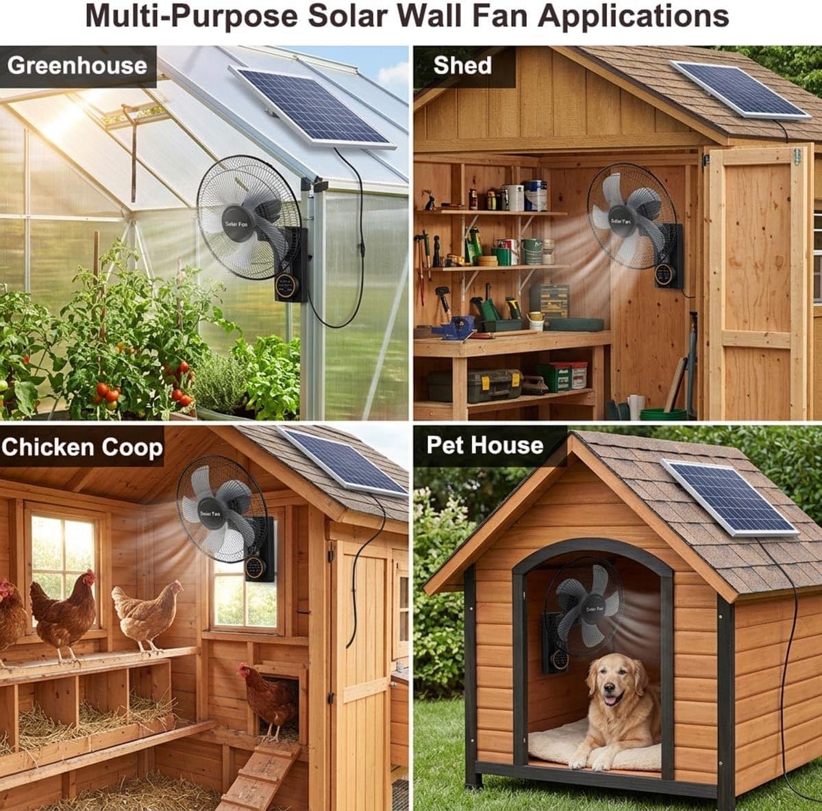 16" Wall Mounted Outdoor Solar Fans for Patios, Oscillating Fan with Remote Control, 5 Blades 3 Speeds,Adjustable Tilt, Solar Powered Fans for Outside Greenhouse Pet House