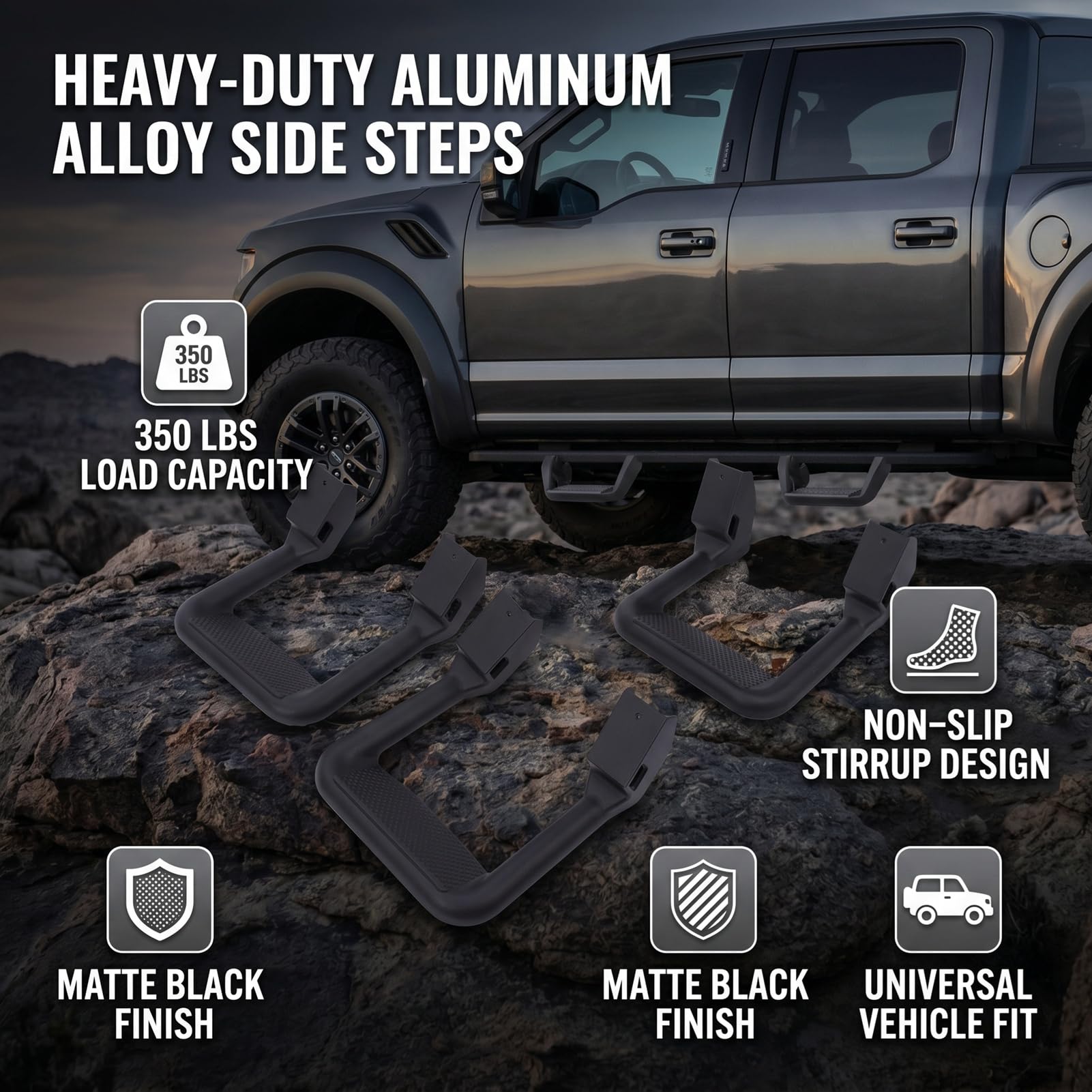 4 szt. Czarne Aluminiowe Stopnie Boczne, Antypoślizgowe Listwy Progowe do Ciężarówek Typu SUV