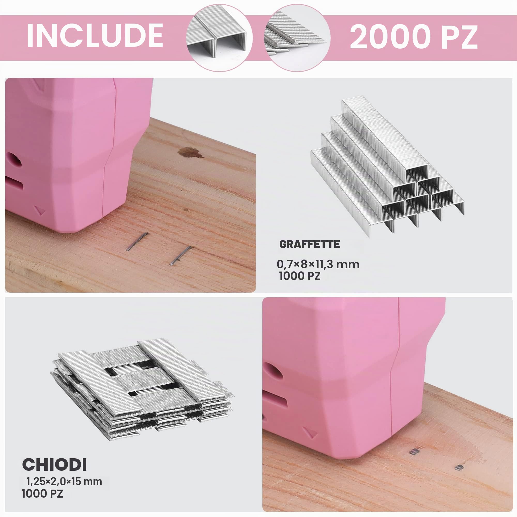 WORKPRO Cucitrice senza fili 3,6 V 2000 mAh con 2000 graffette, pinzatrice multifunzione 2 in 1, compatibile con chiodi e graffette tipo 53, 8 per progetti fai da te in arredamento, falegnameria(rosa)