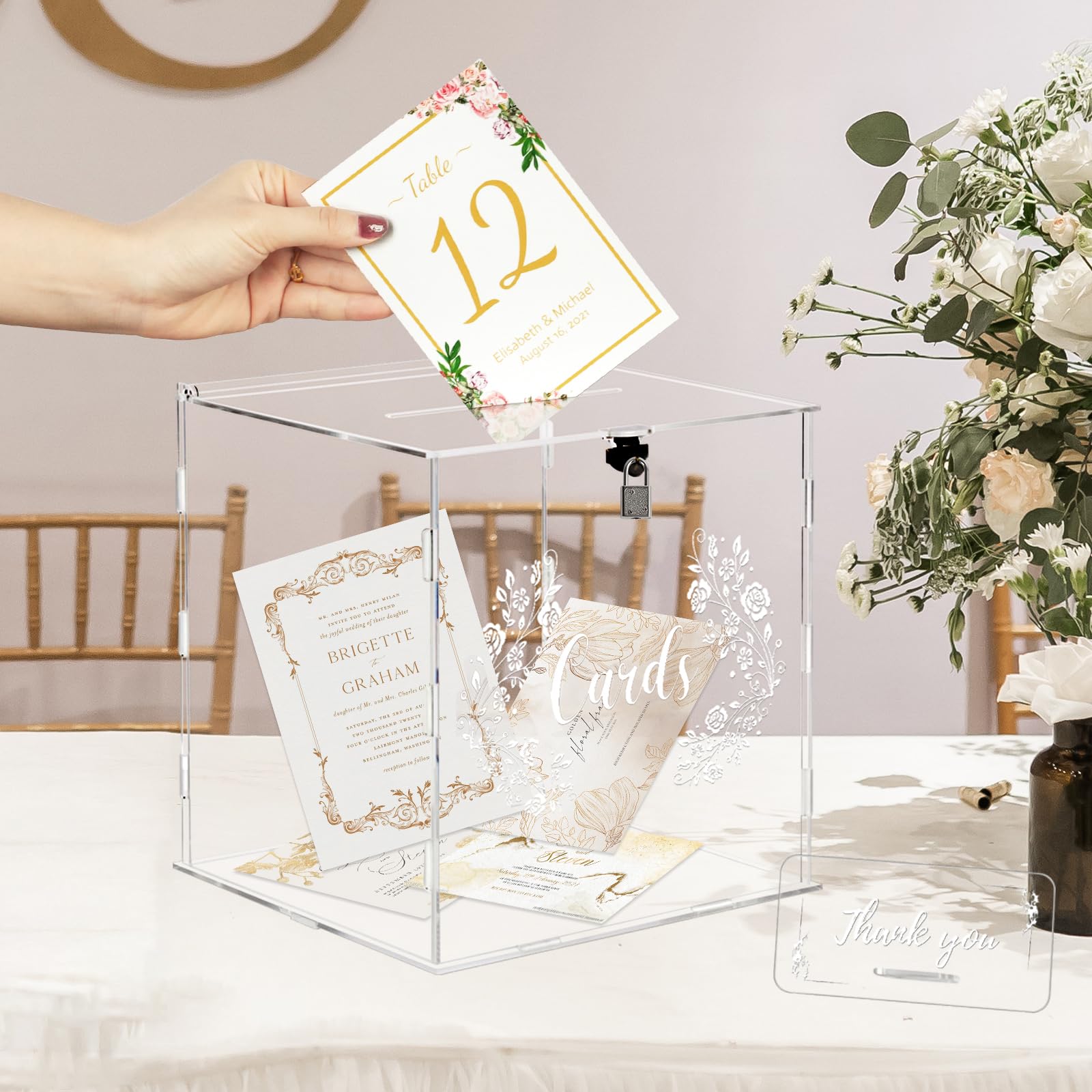 ECOSEAO Caja para Tarjetas de Boda de Acrílico, Caja para Tarjetas de Regalo con Cerradura y Ranura, Grande, Transparente, para Recepción, Cumpleaños, Aniversario