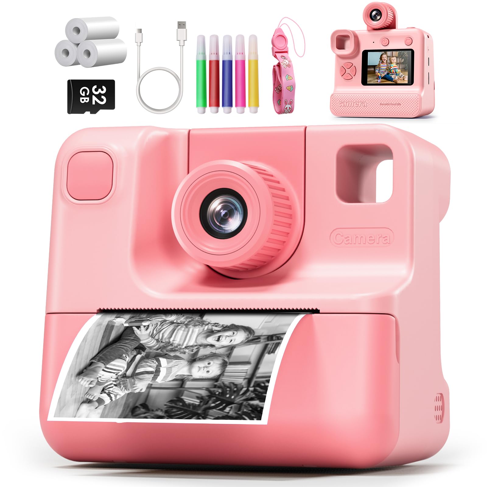 Instant Print Camera for Kids, 1080P Kids Instant Cameras,HD Selfie Digital Video Cameras Toddler 3 Rolls Print Paper & 32G Card,Christams Birthday