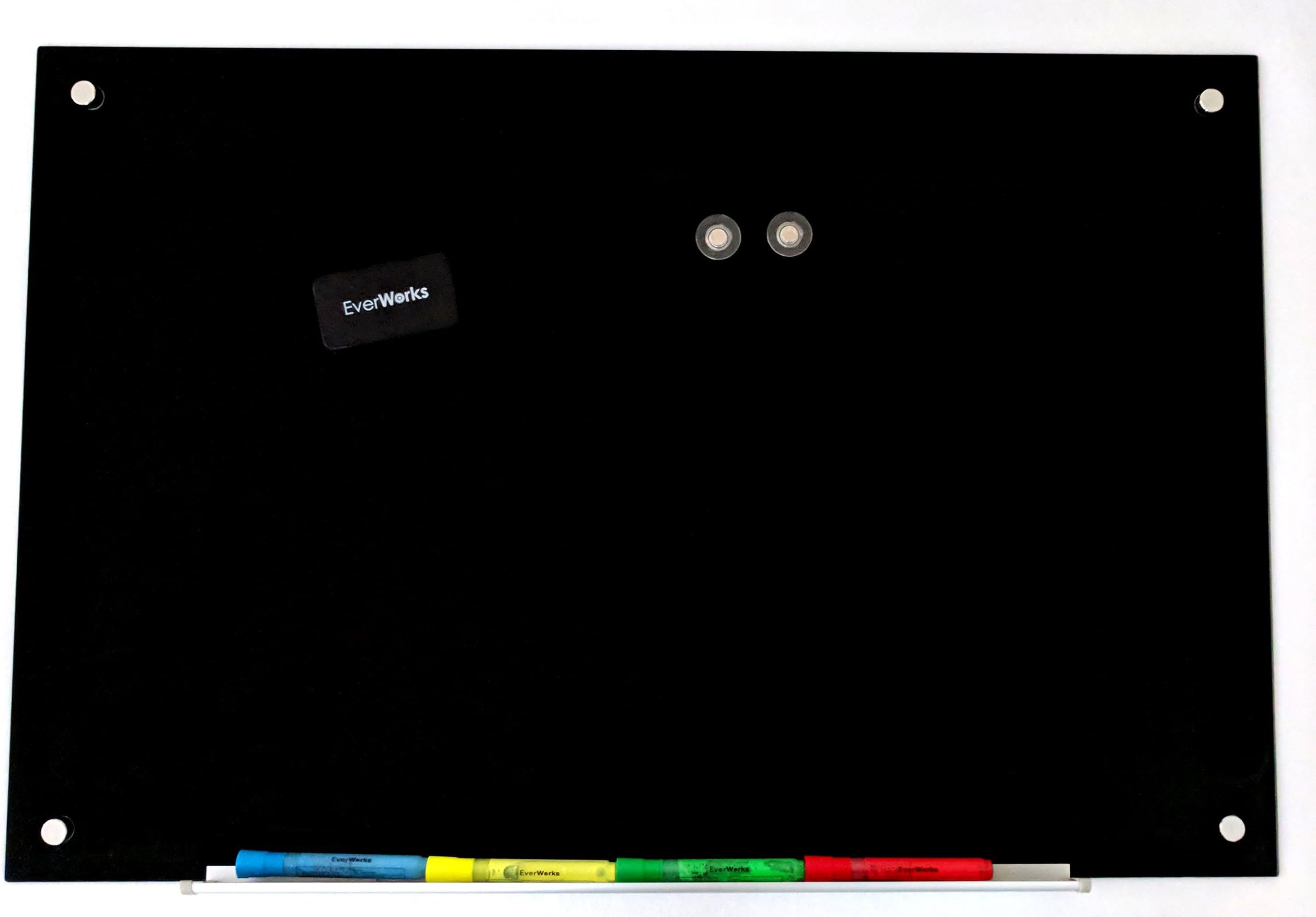 Modern Magnetic Frameless Jet Black Dry Erase Glass Whiteboard Set 23 5/8 inches x 35 1/2 inches (Includes 1 Magnetic Eraser, 2 Magnets, and 1 Mounting Template)- Everworks