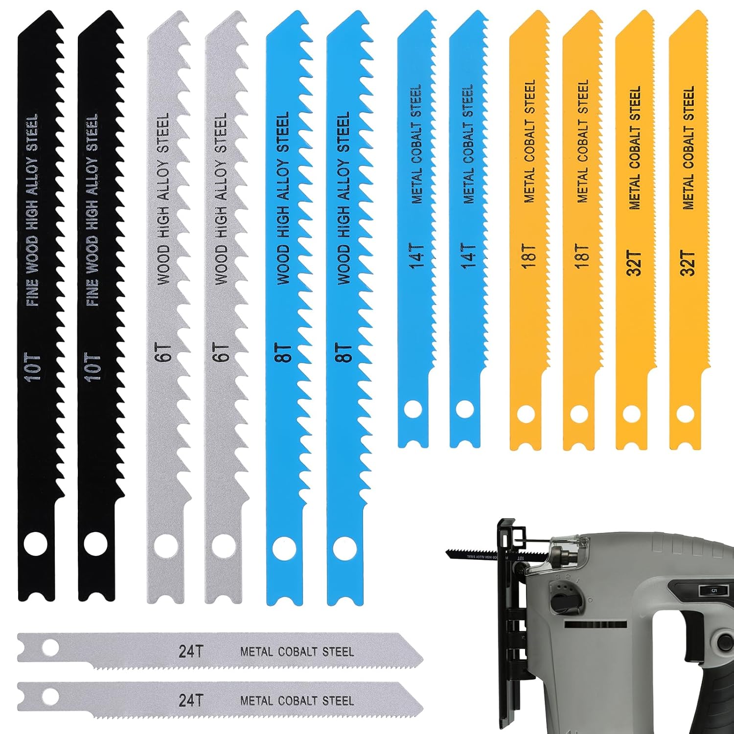 14 PCS U-Shank Jig Saw Blade Set, Jigsaw Blades for Wood Plastic Metal Cutting Fit Vast Majority U Shank Jigsaws Jigsaw Blades Set Includes 6T 8T 10T 14T 18T 24T 32T with Storage Case