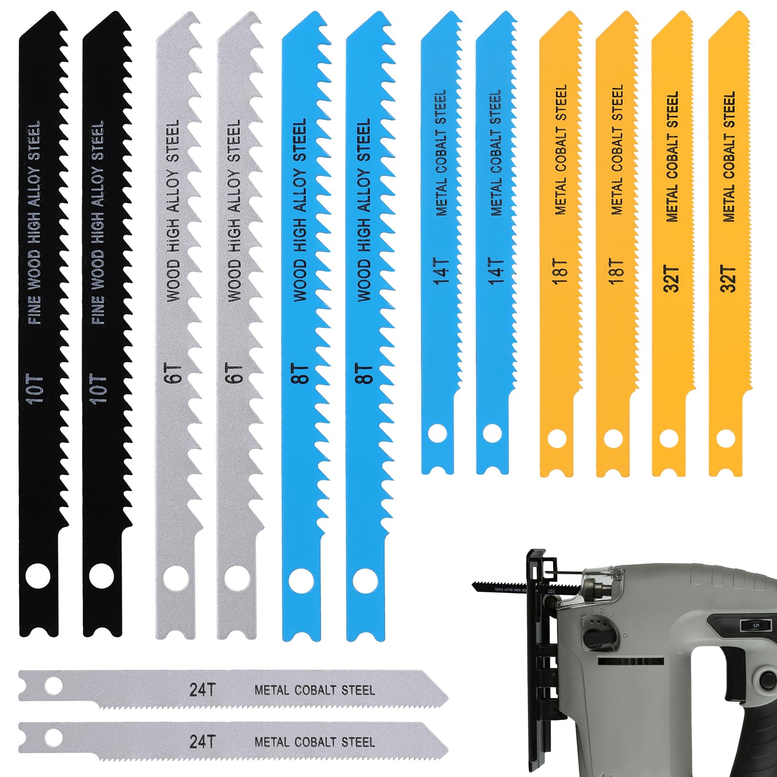 LXUEJIE 14 PCS U-Shank Jig Saw Blade Set, Jigsaw Blades for Wood Plastic Metal Cutting Fit Vast Majority U Shank Jigsaws Jigsaw Blades Set Includes 6T 8T 10T 14T 18T 24T 32T