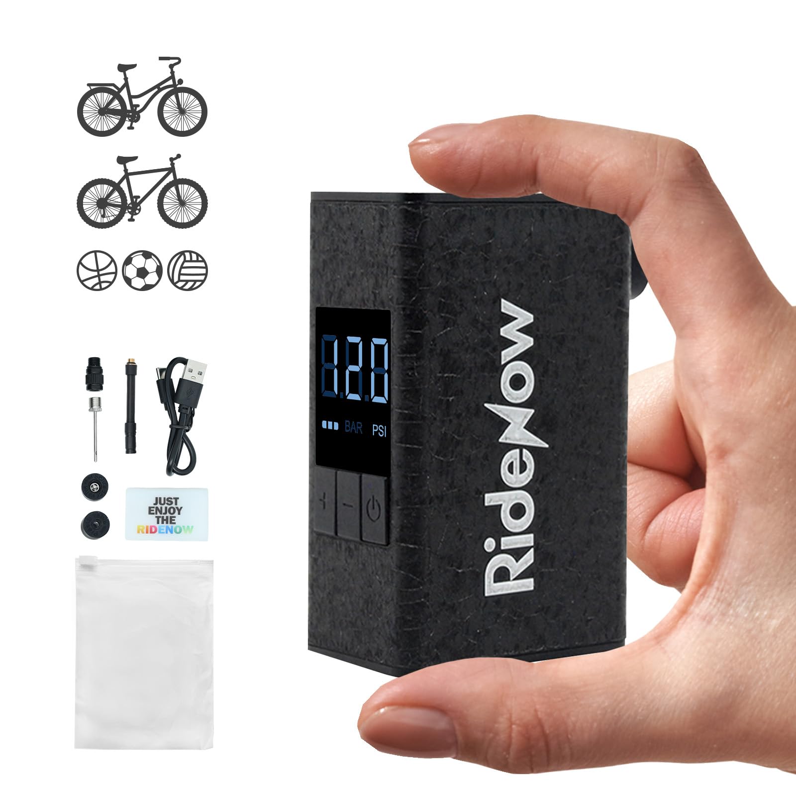 RideNow Mini bomba de aire eléctrica para bicicleta, máx. 150 PSI, bomba eléctrica portátil Tiny, compatible con válvulas Presta y Schrader para bicicleta de carretera, bicicleta eléctrica, bicicleta